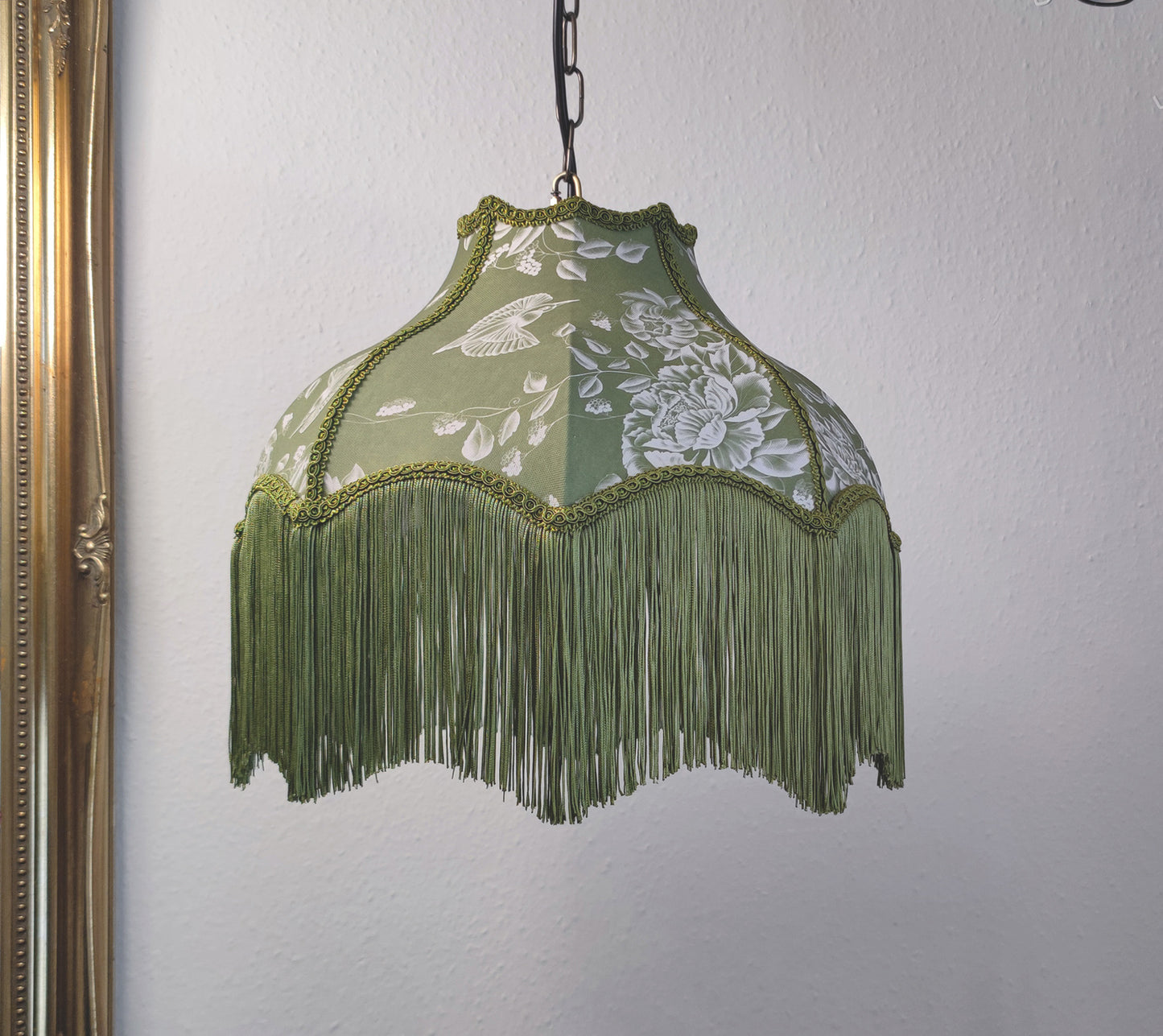 Chinoiserie fringed lampshade olive