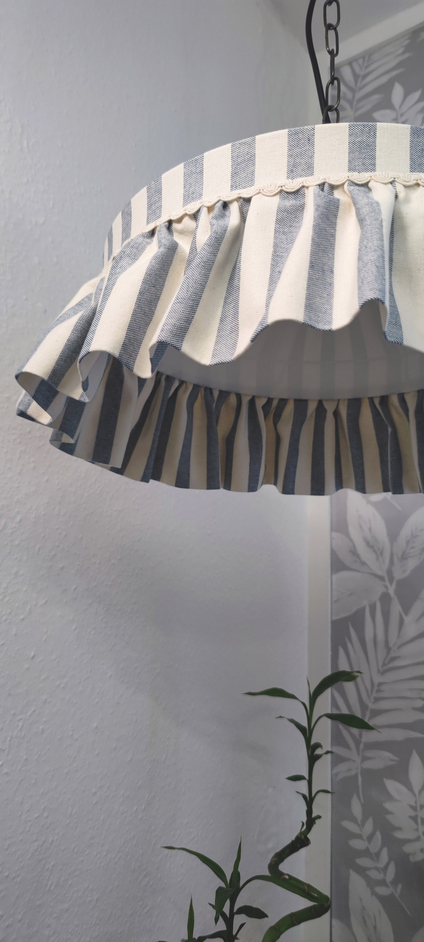 Ruffle lampshade in wide blue stripes