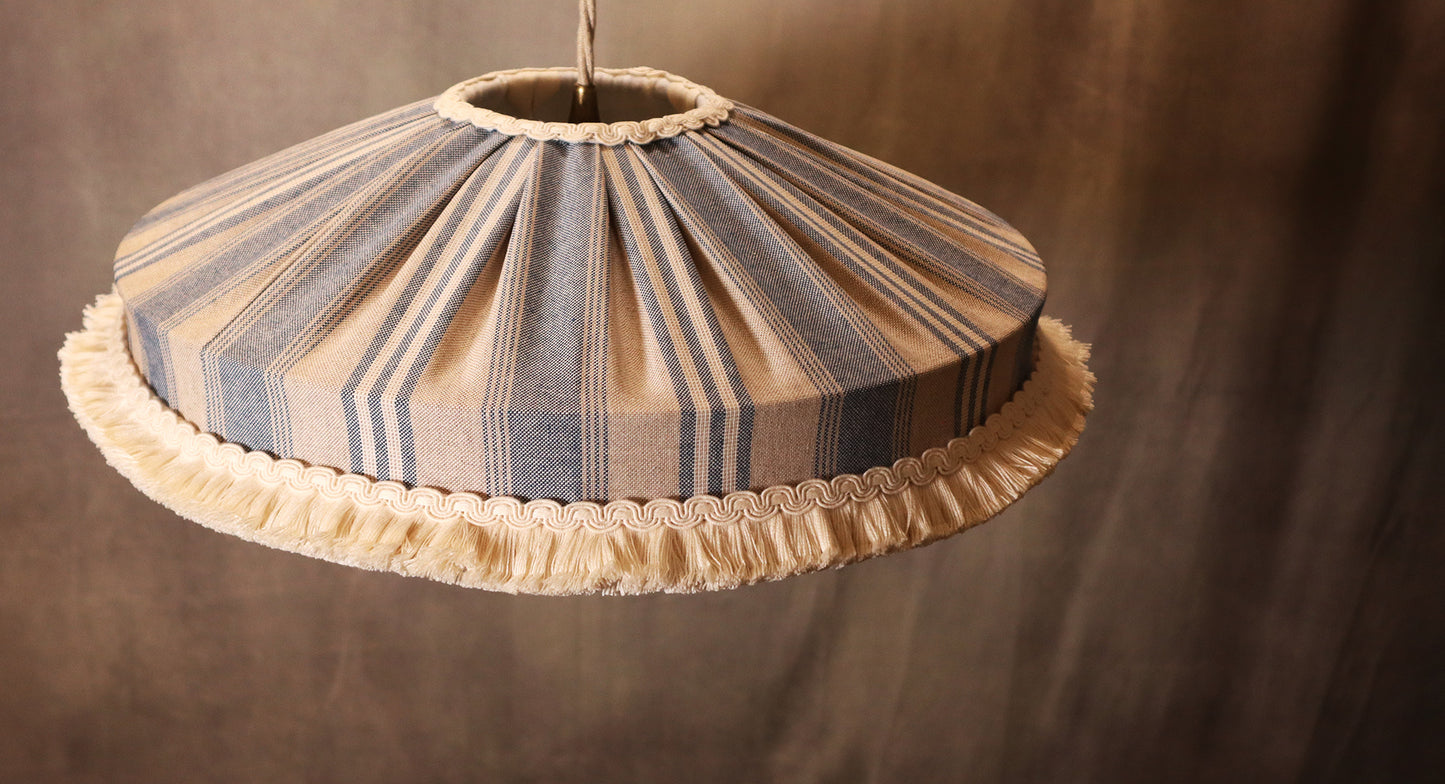 Lampshade rustic style blue stripes with short cotton brush fringe - MariaMarabellashades