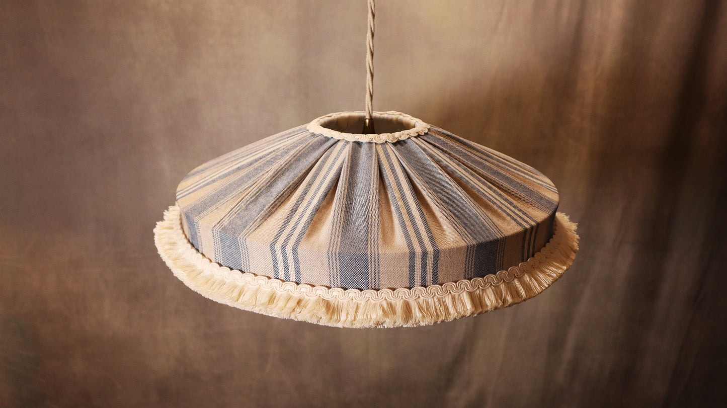 Lampshade rustic style blue stripes with short cotton brush fringe - MariaMarabellashades