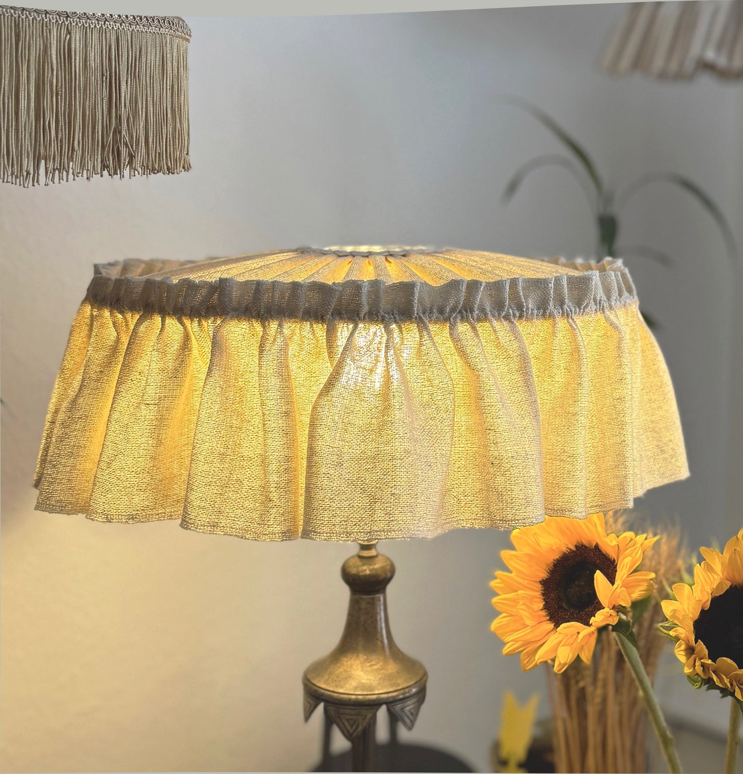 Large handmade ruffled lampshade in r w oatmeal silk with soft pleats