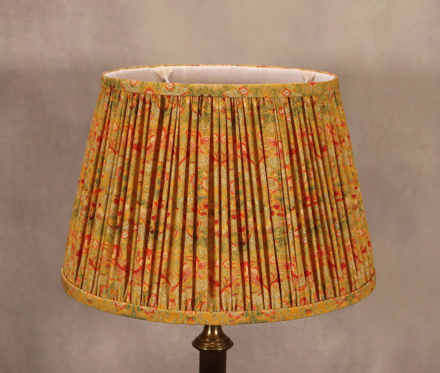 William Morris, Strawberry Thief Gathered Lampshade in ochre - MariaMarabellashades