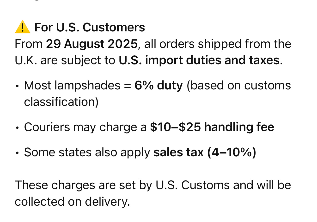 Notification about U.S. new rules or customs taxes and duties