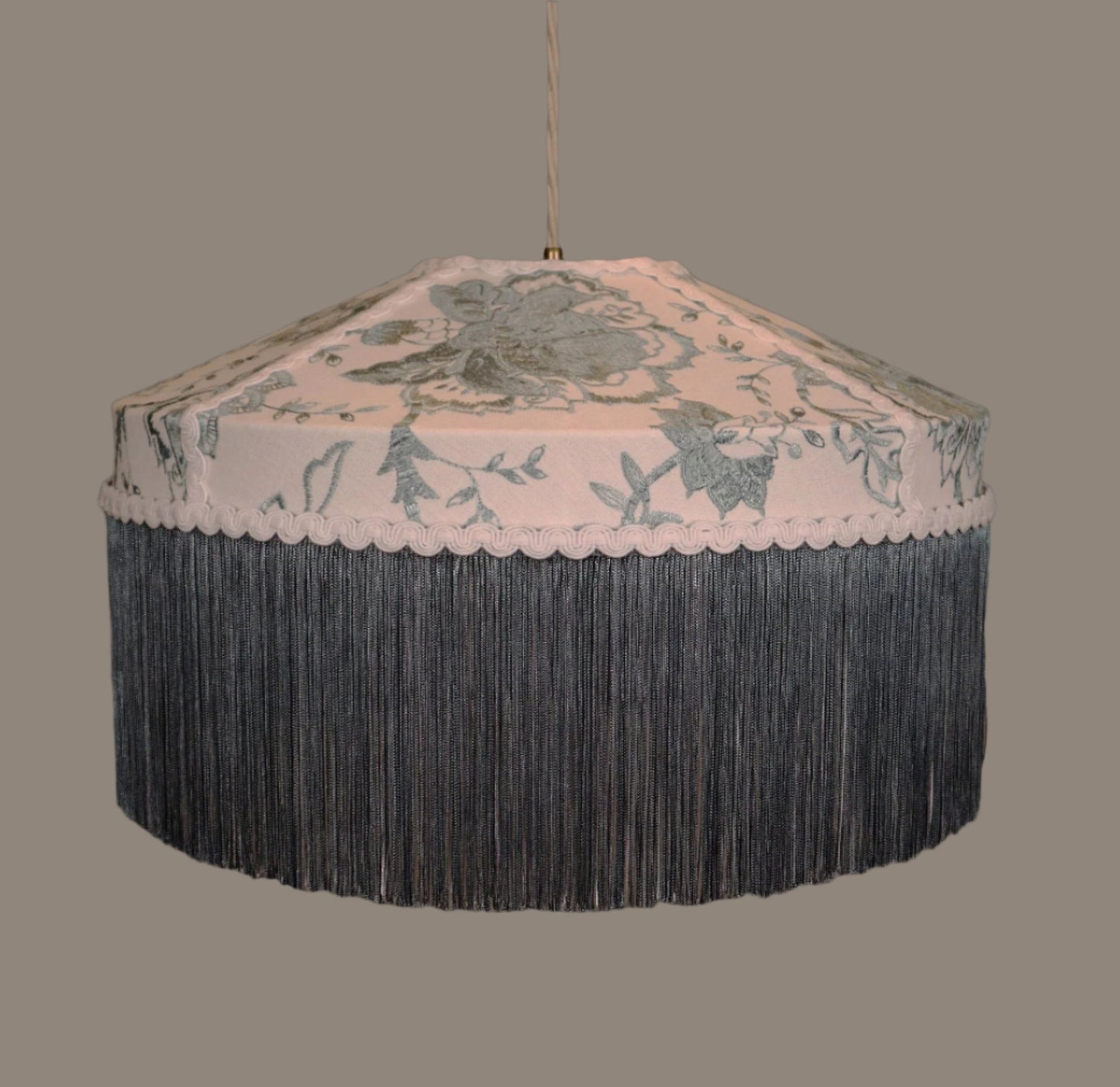 Tiffany-style fringed lampshade in duck egg and white fabric