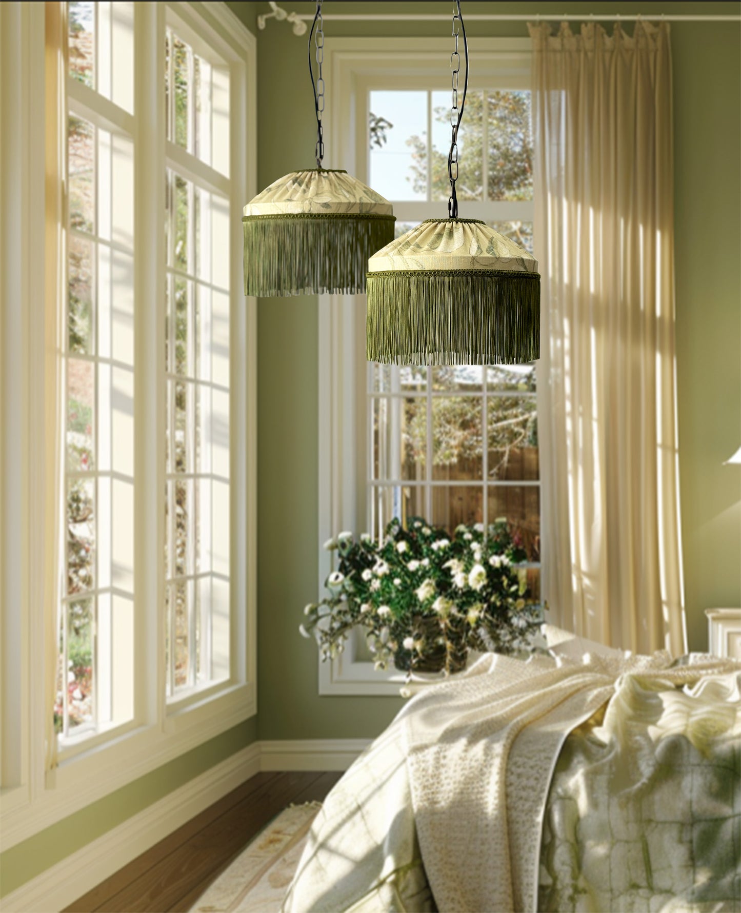 Decorative pendant linen lampshades in olive hanging in a room