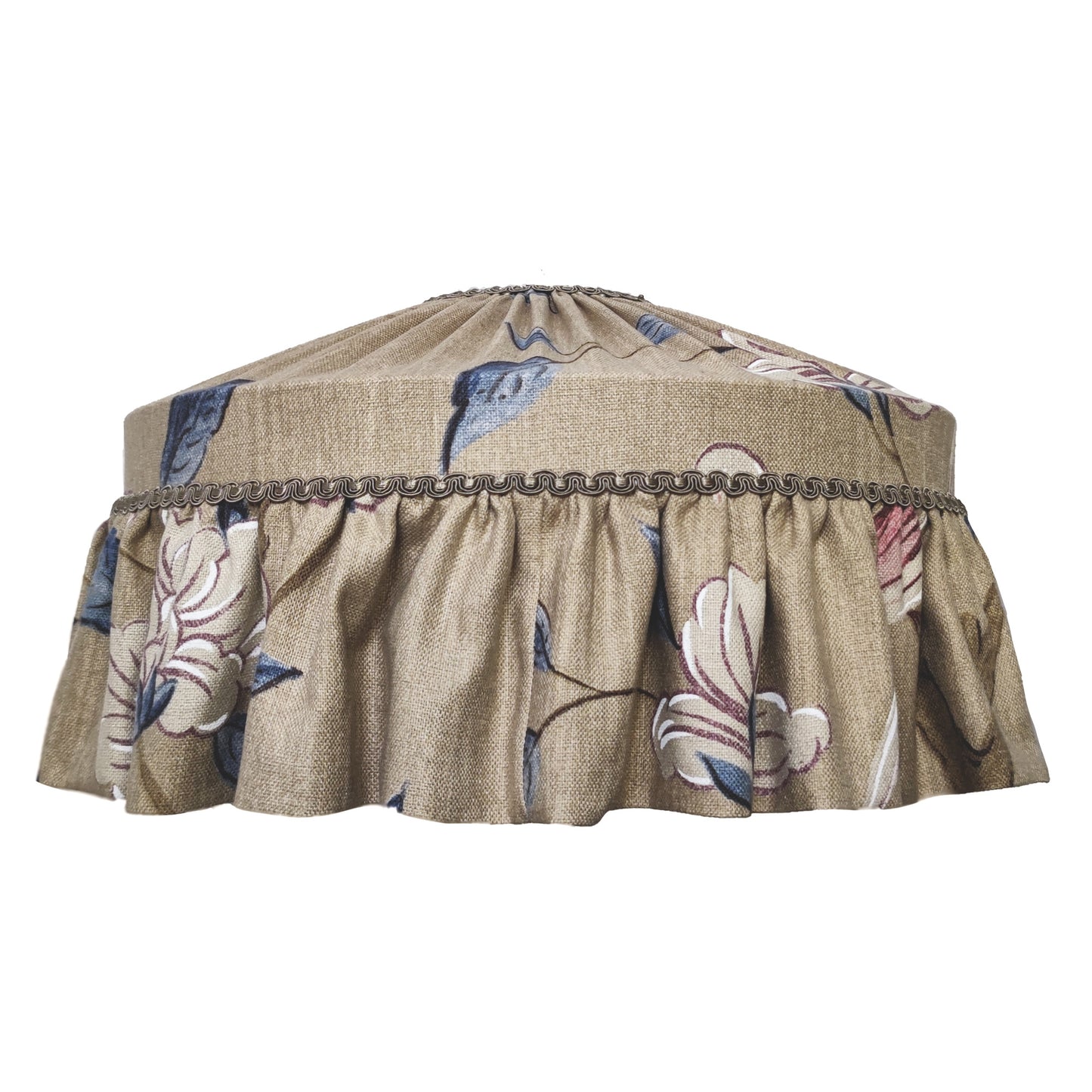 Floral-patterned raw silk lampshade
with decorative trim on a white background
