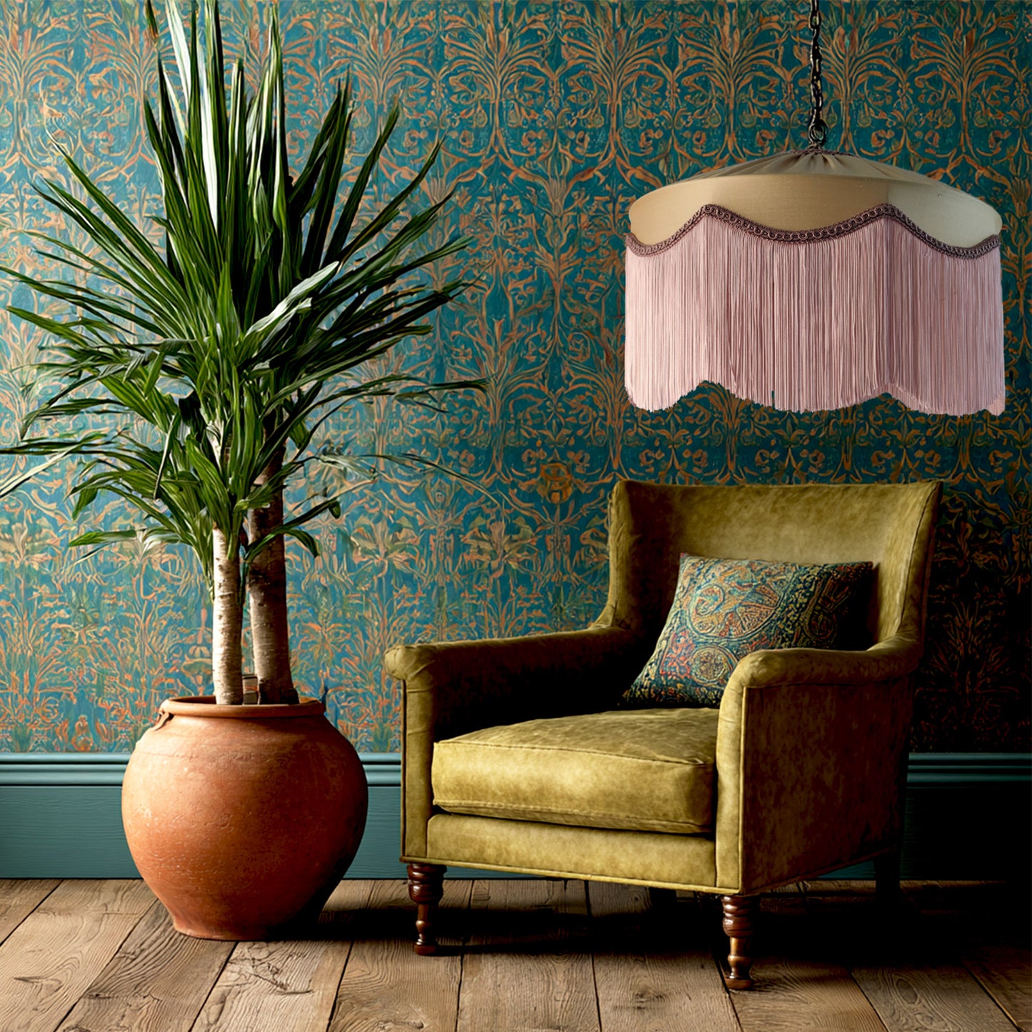 Vintage armchair with a plant and decorative silk lampshade against a patterned wall.