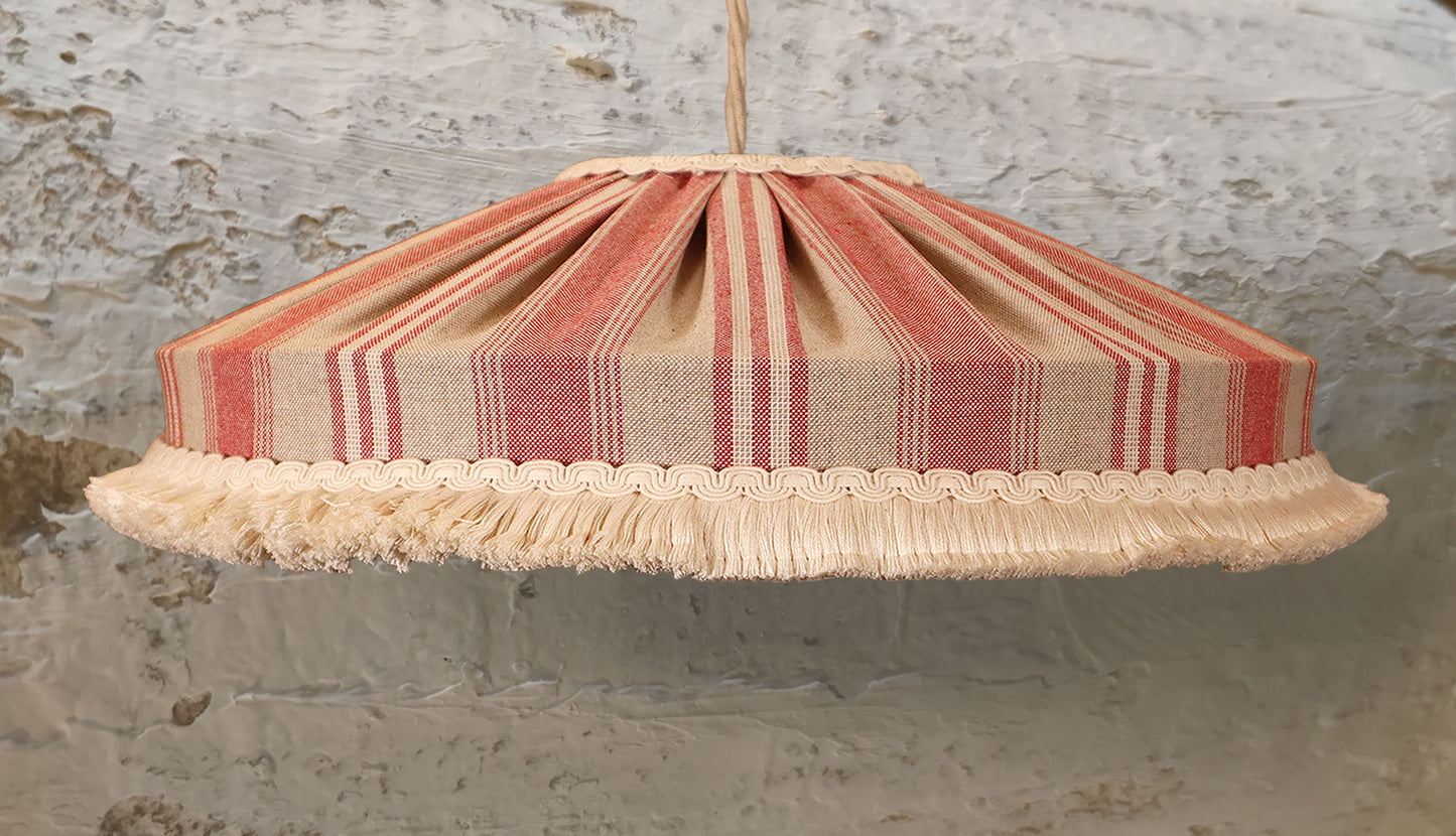 Lampshade rustic style red stripes with short cotton brush fringe - MariaMarabellashades