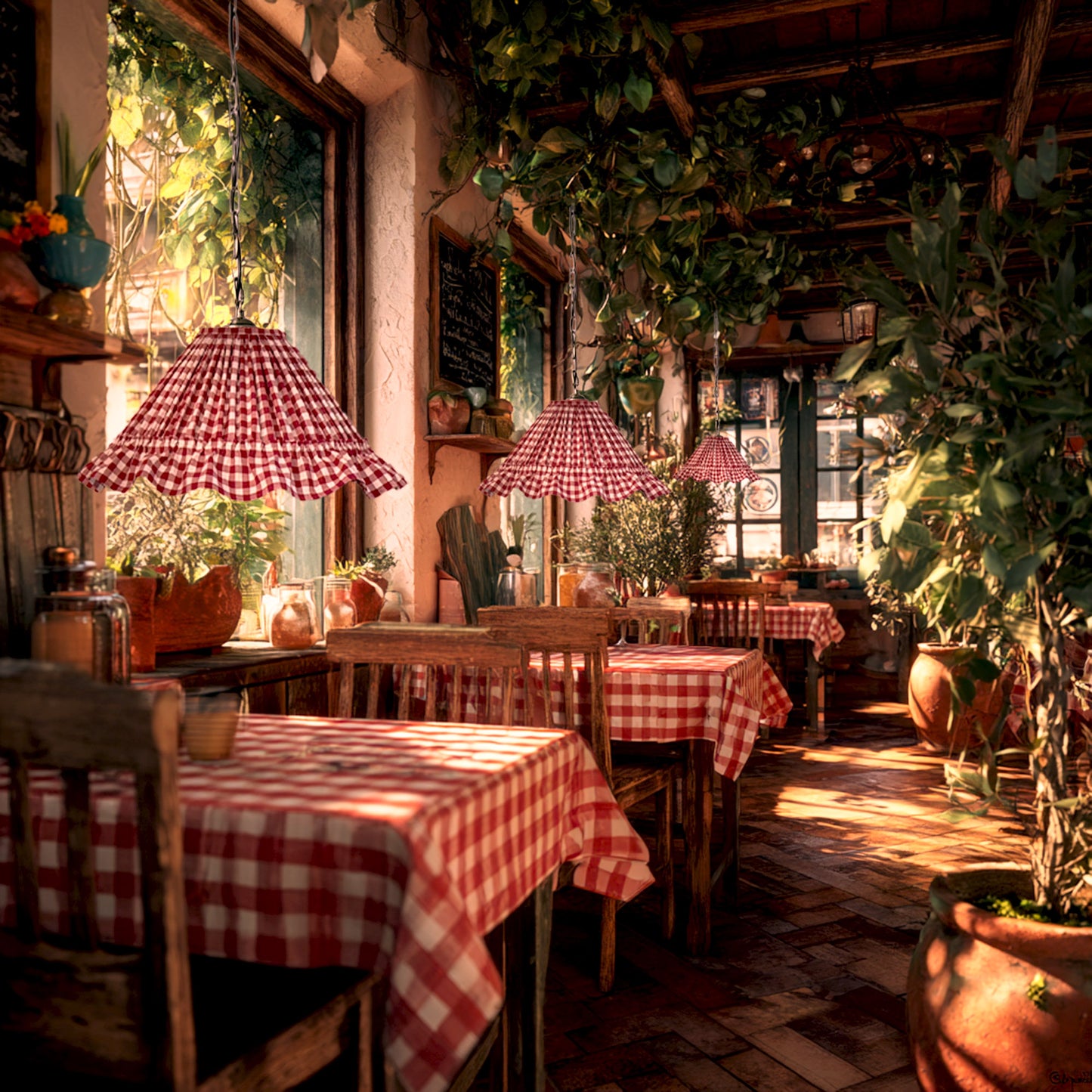 Cozy restaurant interior with checkered tablecloths and red and white gingham lampshades | Mariamarabellashades