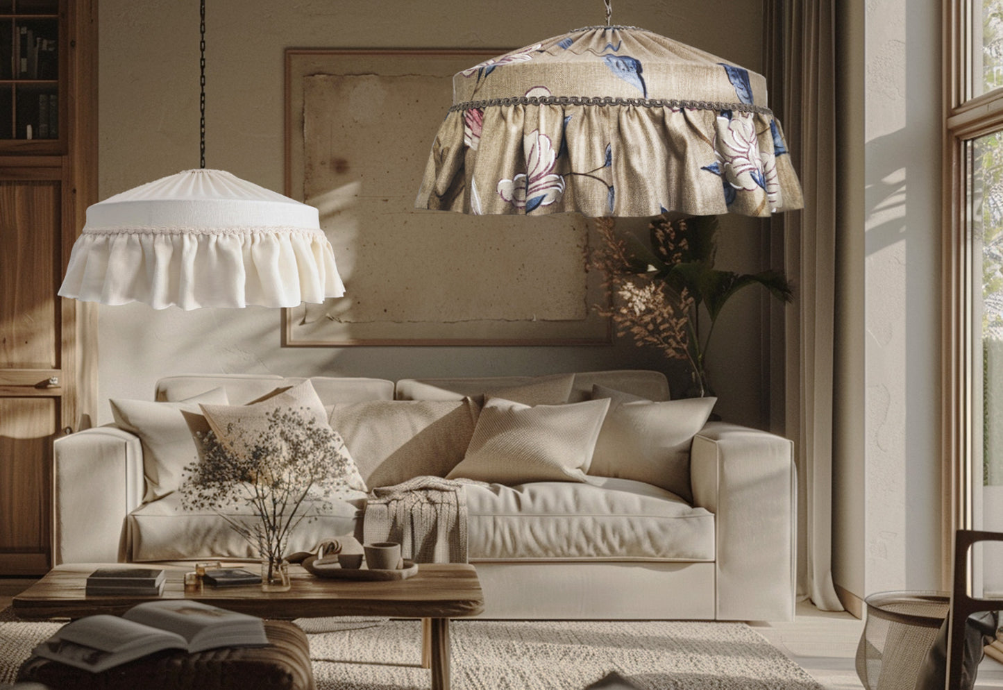 Living room with a beige sofa, decorative pillows, and floral pendant lights.