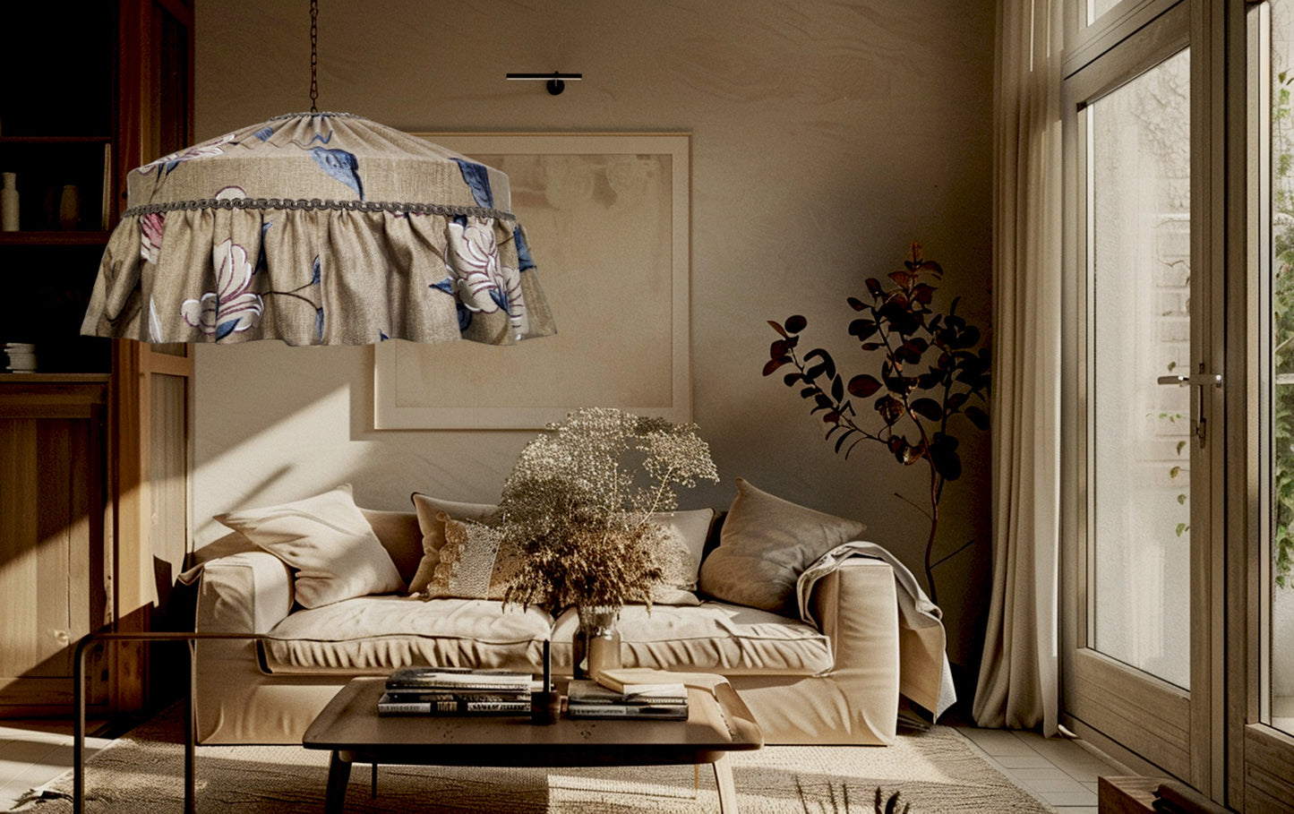 Living room with a beige sofa, floral lampshade, and large window.