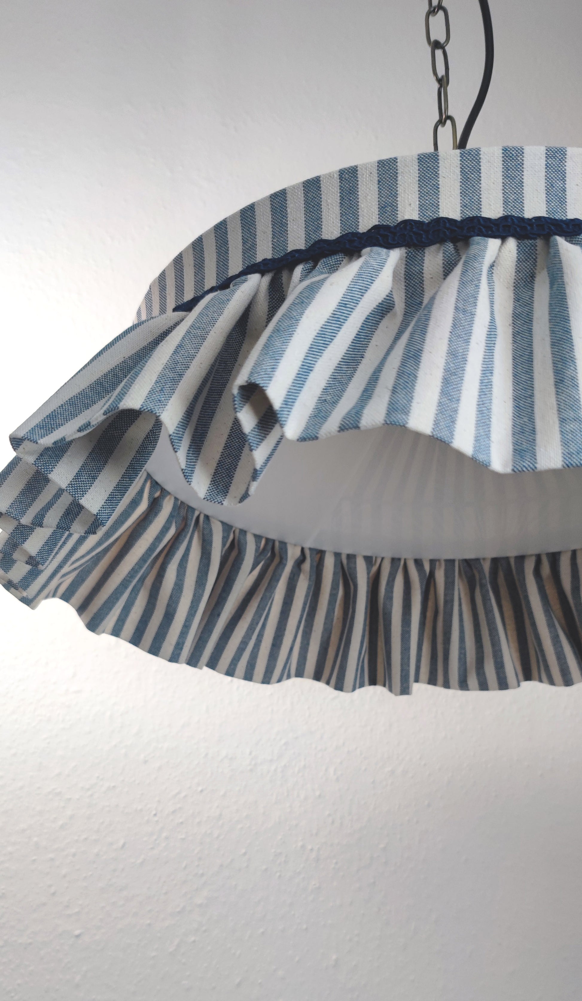 Handmade ruffle lampshade striped in vintage blue rustic style - MariaMarabellashades