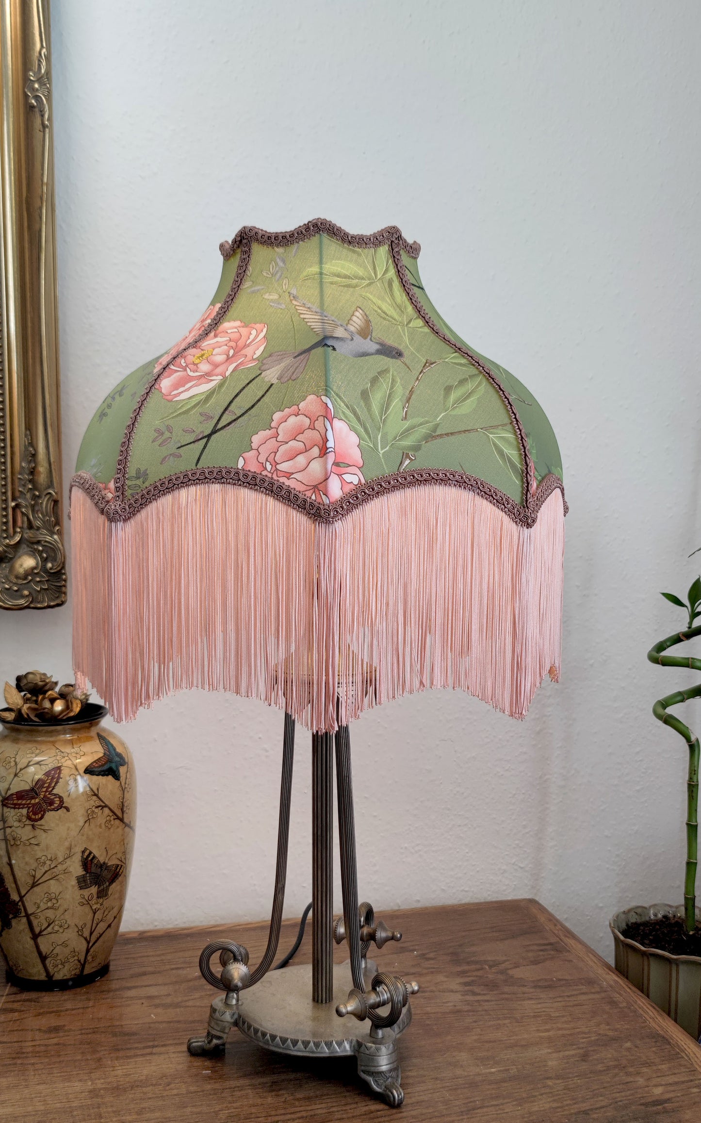 Fringed lampshade features our own fabric pattern design