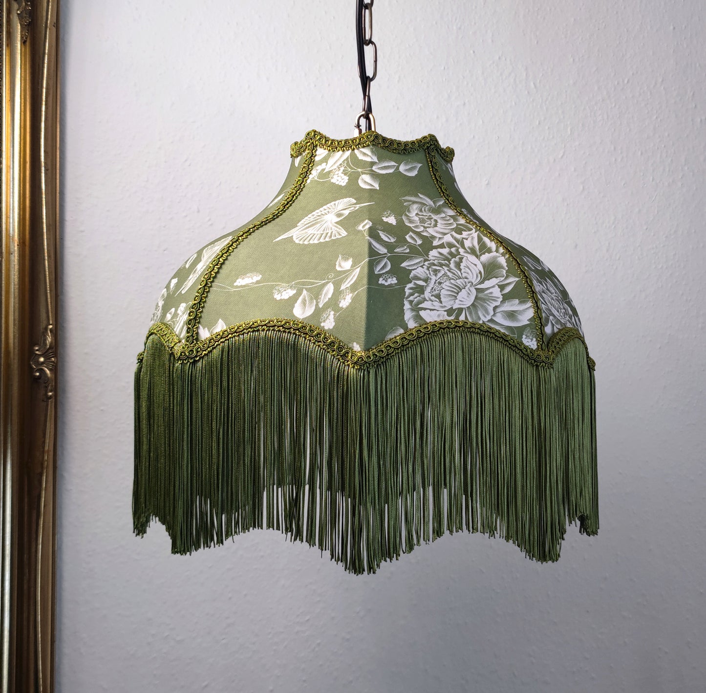 Birds and flowers printed fabric lampshade in olive green