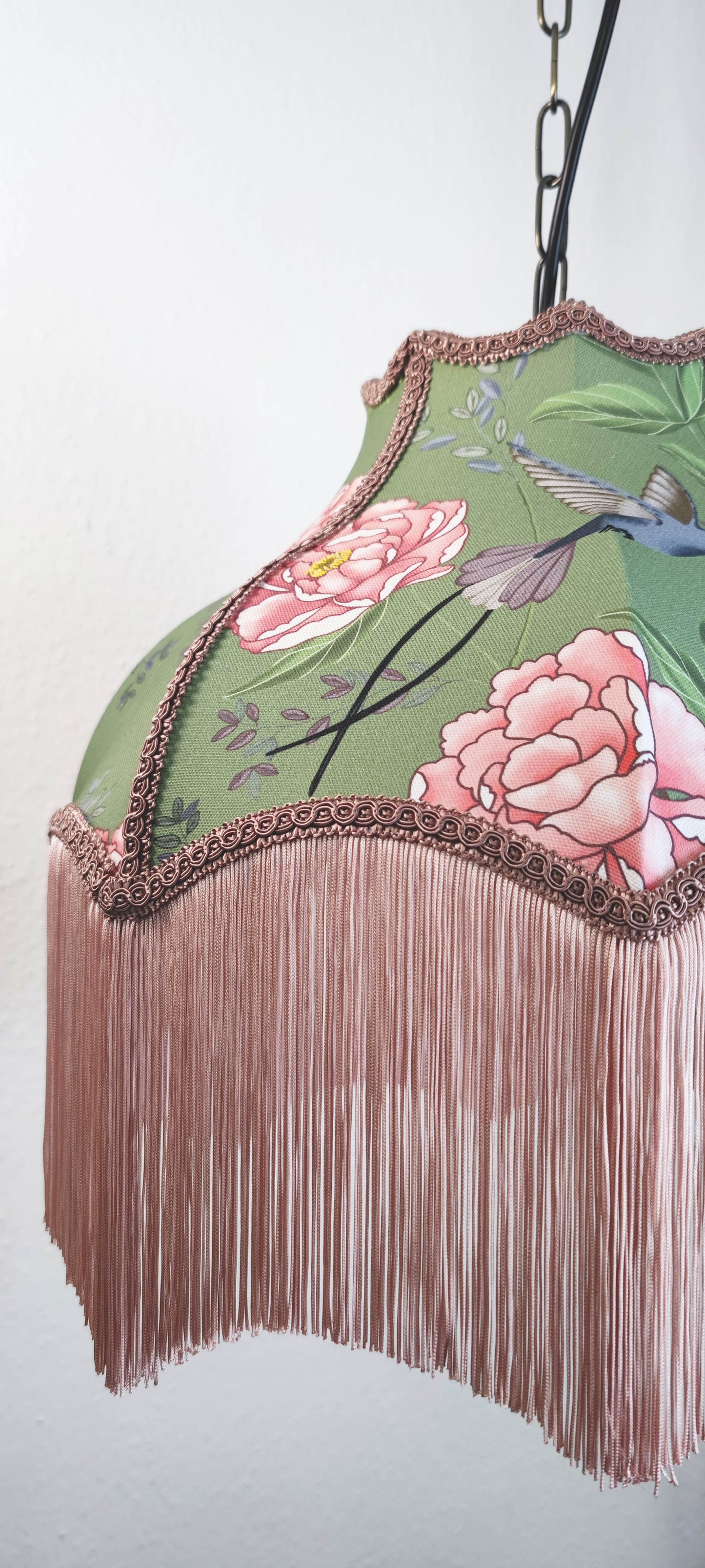 Jade chinoiserie lampshade decorated with delicate fringe and trim