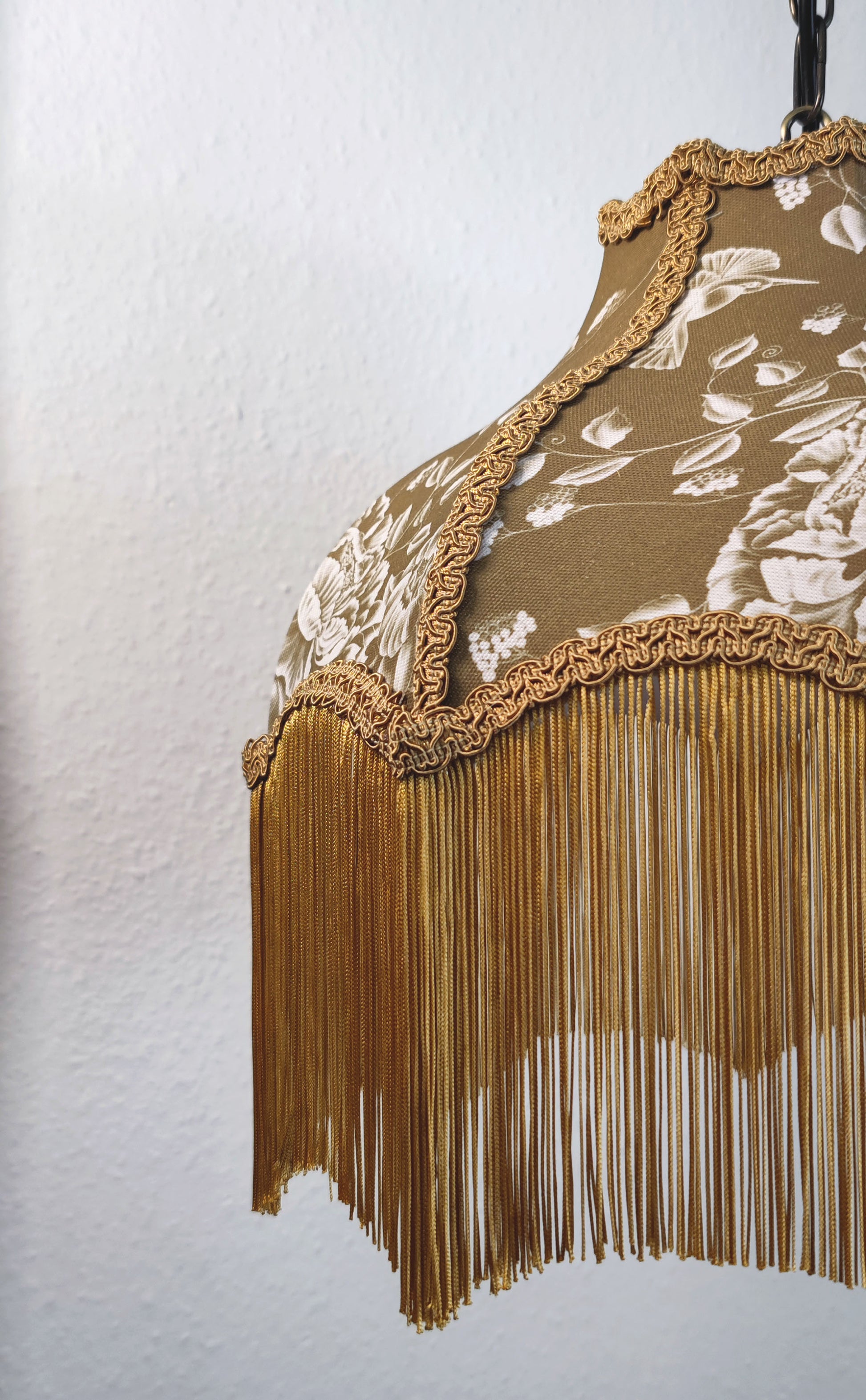 Chinoiserie fringed printed lampshade in gold - MariaMarabellashades