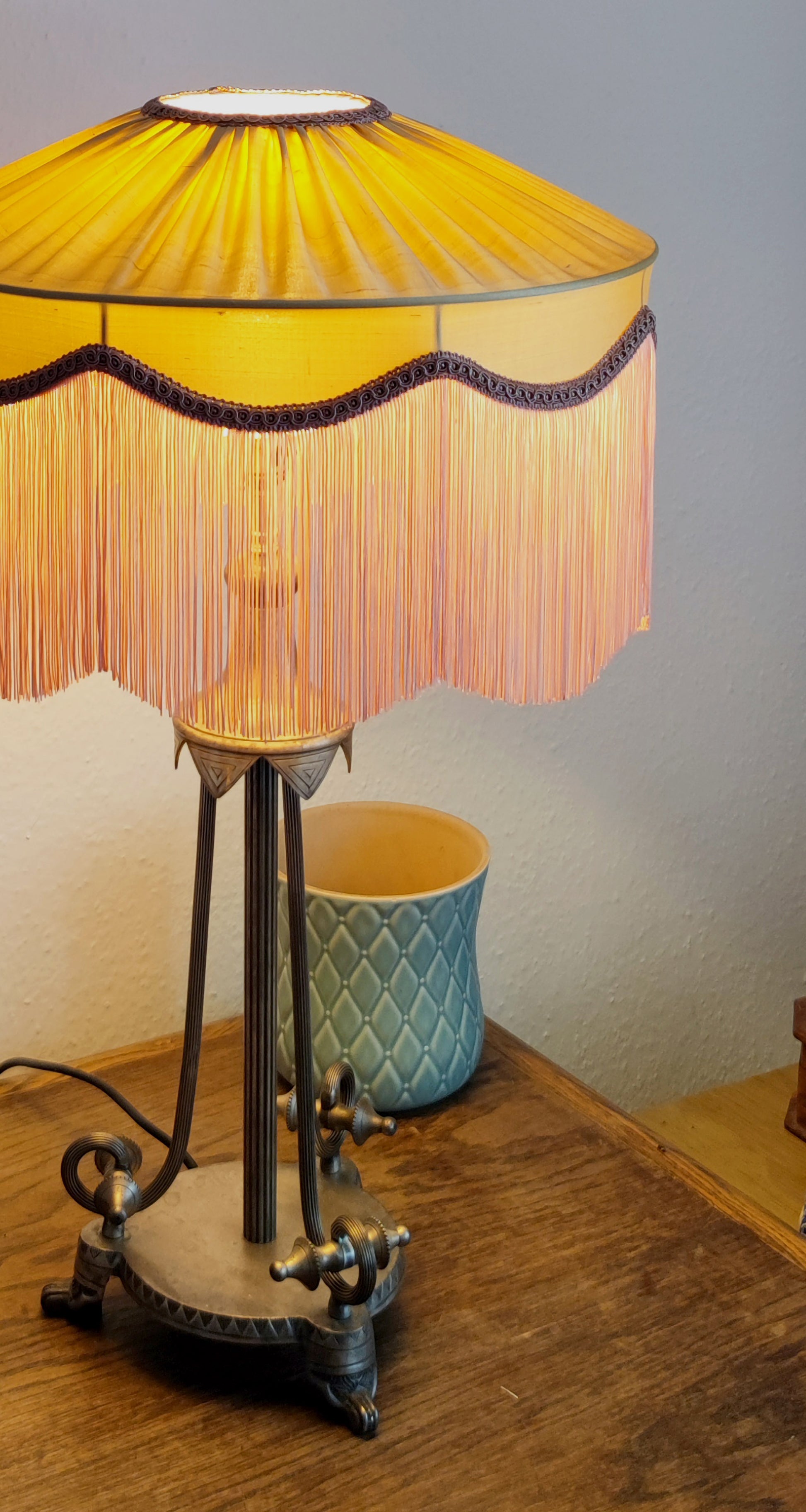 Light gold silk lampshade with fringe - MariaMarabellashades