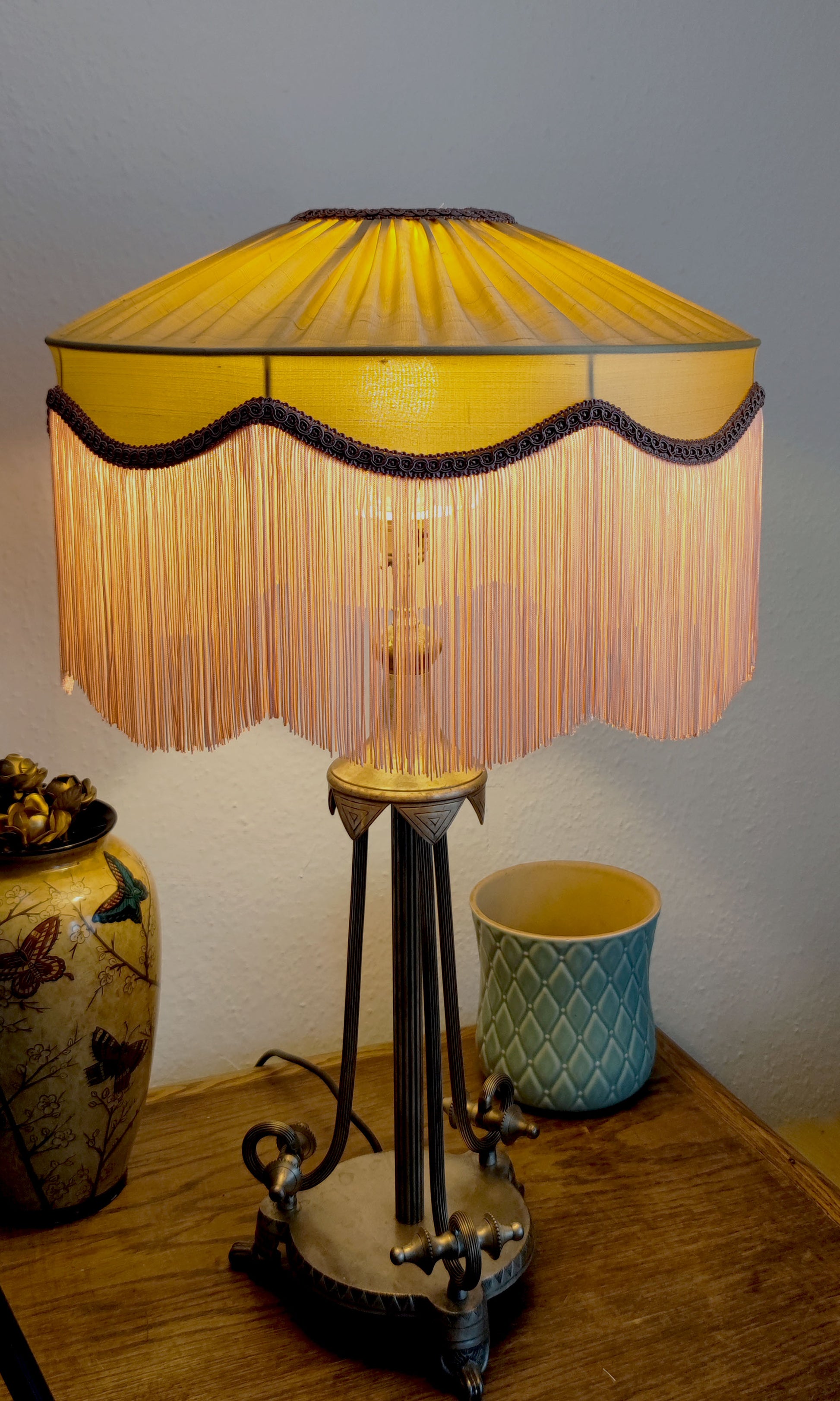 Light gold silk lampshade with fringe - MariaMarabellashades