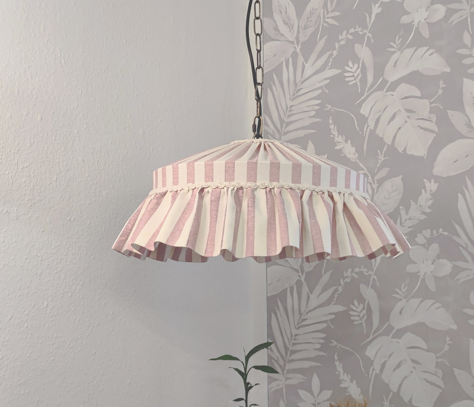 Dusty pink ruffle lampshade with cotton braid trim