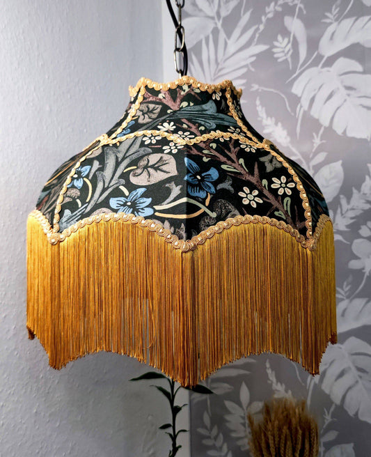 William Morris fringed lampshade Blackthorn dark green