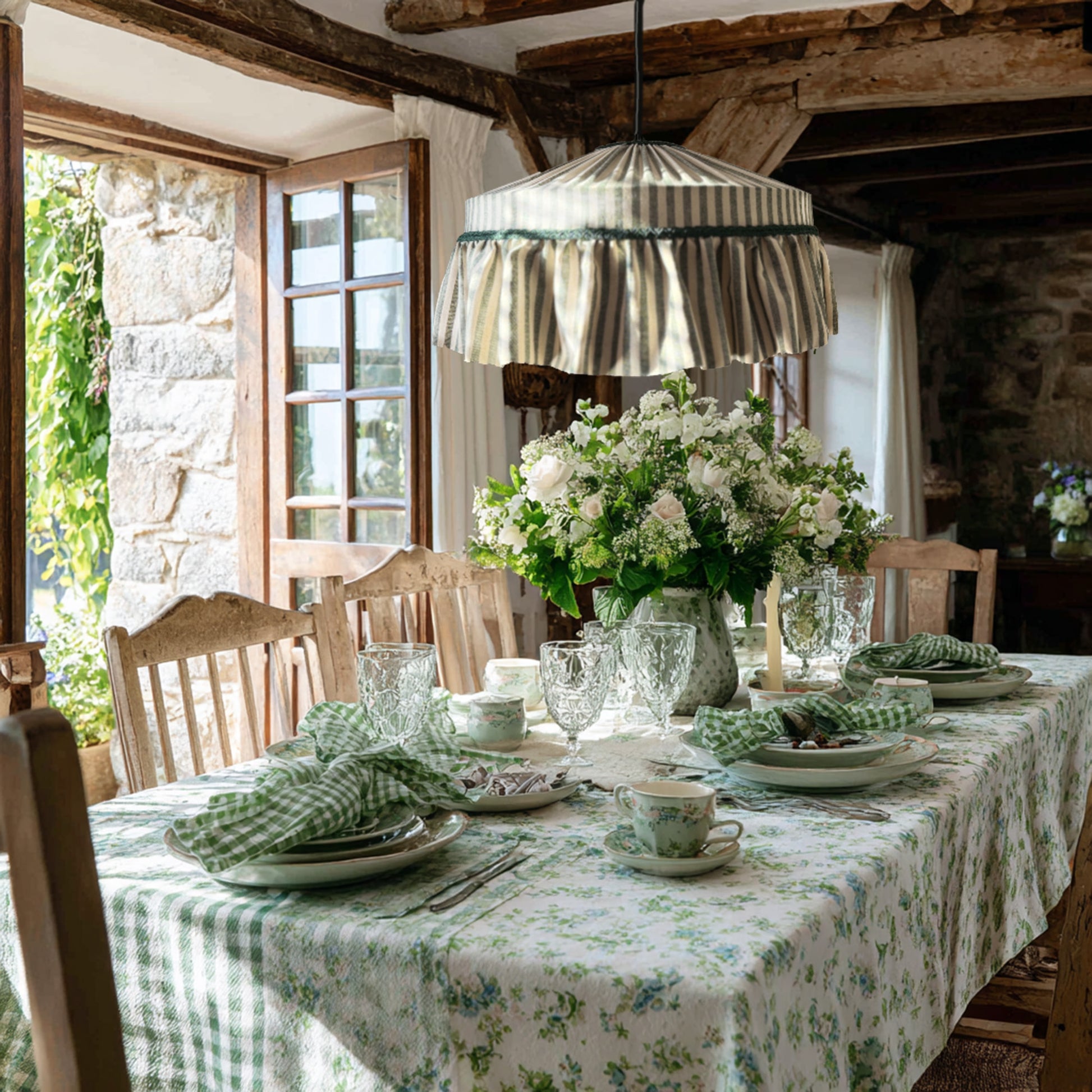 Ruffle lampshade green stripes hung over the table in dining room in cottage, Rustic lampshade.