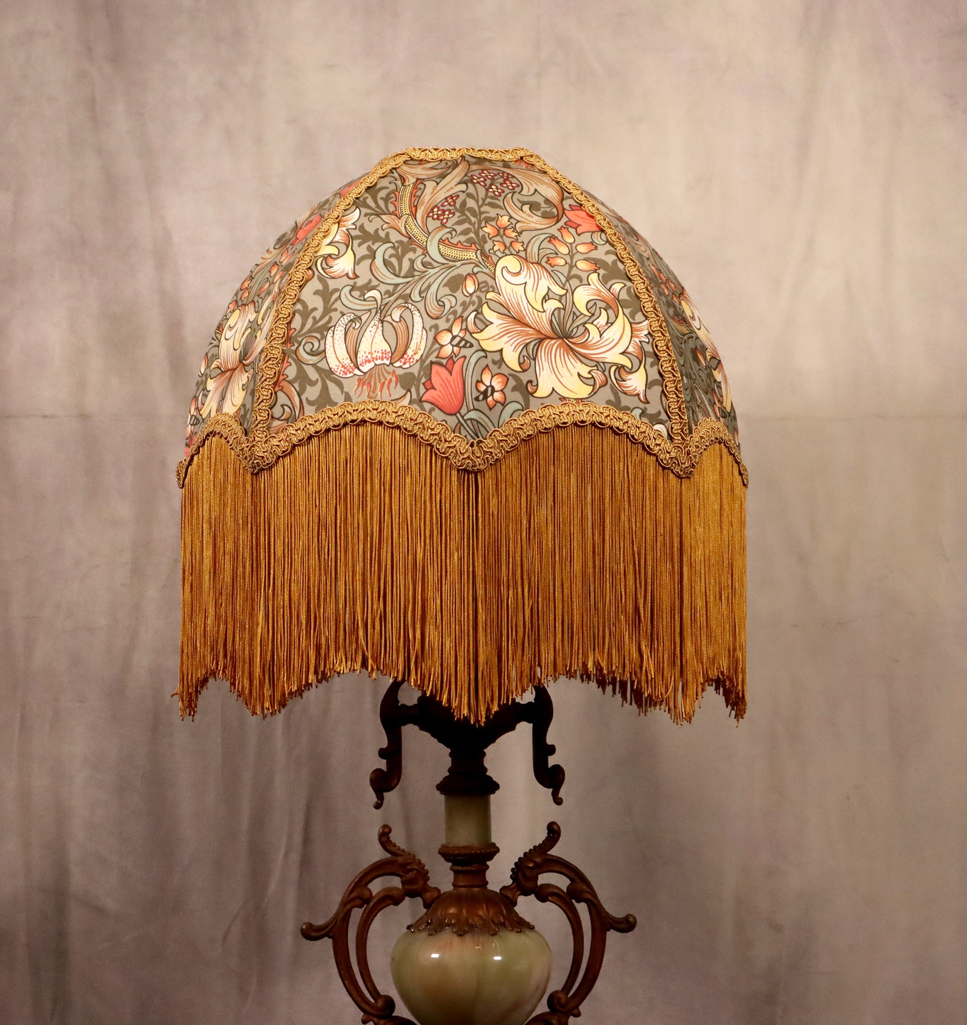 William Morris, Golden Lily Minor Lampshade with old gold fringe - MariaMarabellashades