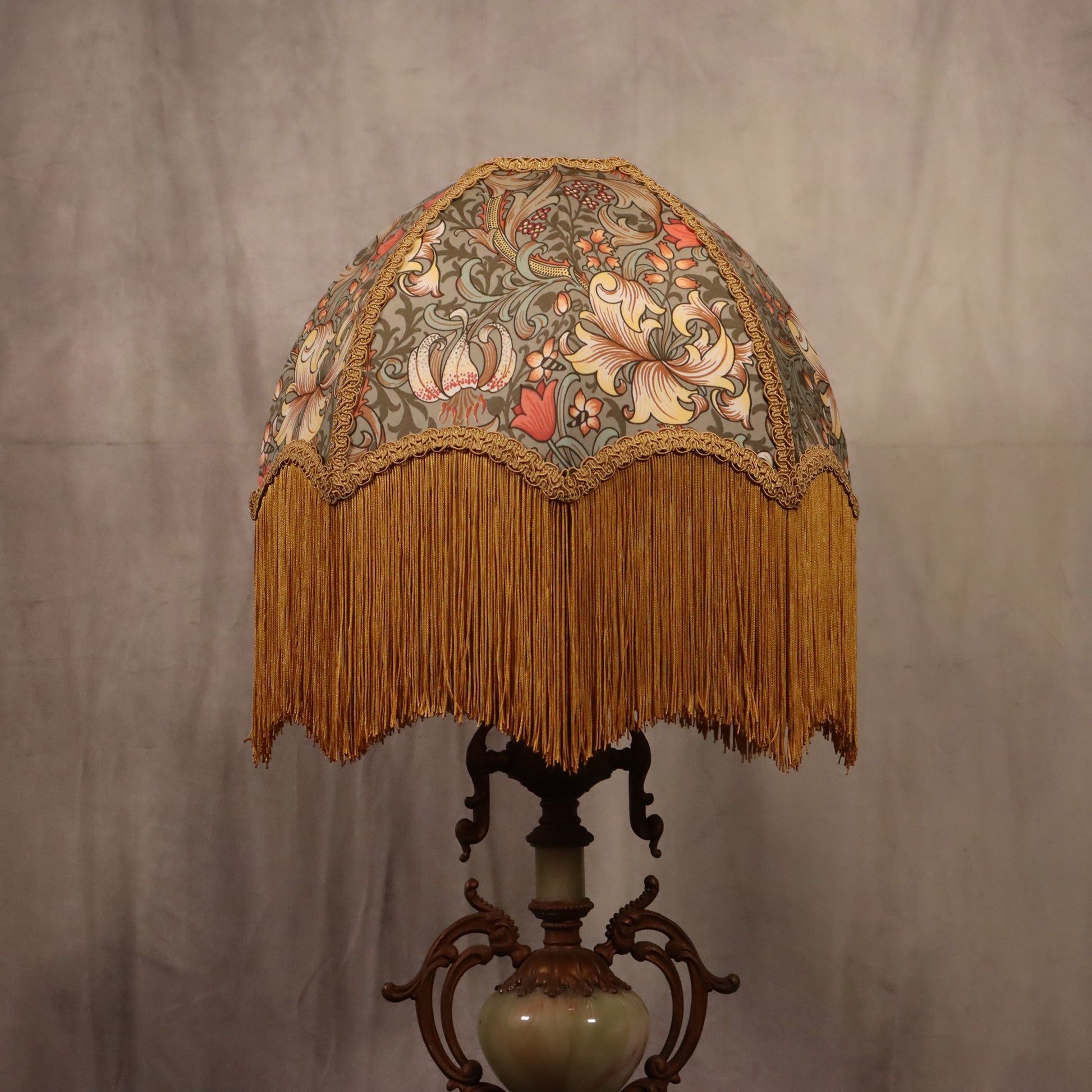 William Morris, Golden Lily Minor Lampshade with old gold fringe - MariaMarabellashades