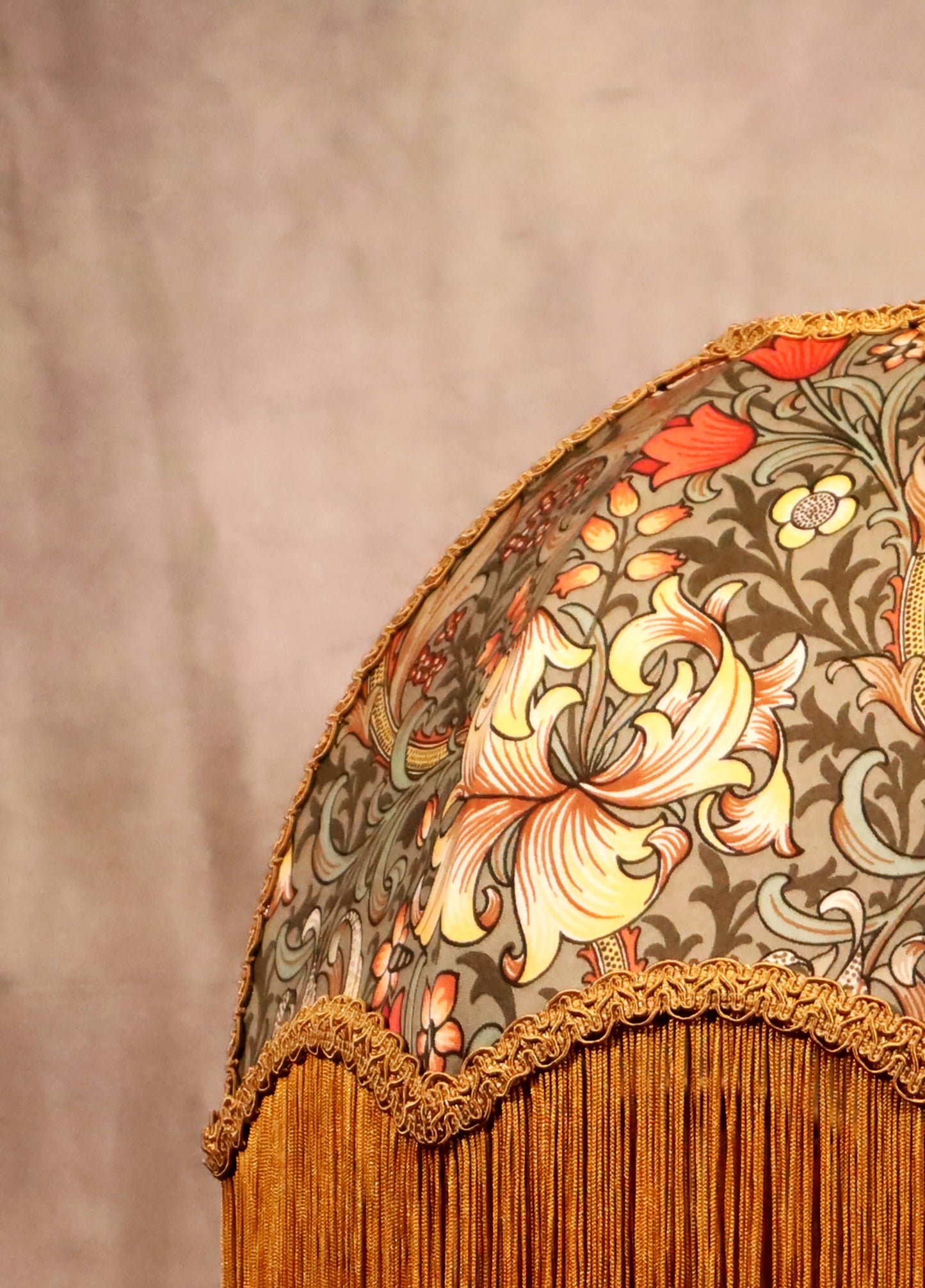 William Morris, Golden Lily Minor Lampshade with old gold fringe - MariaMarabellashades