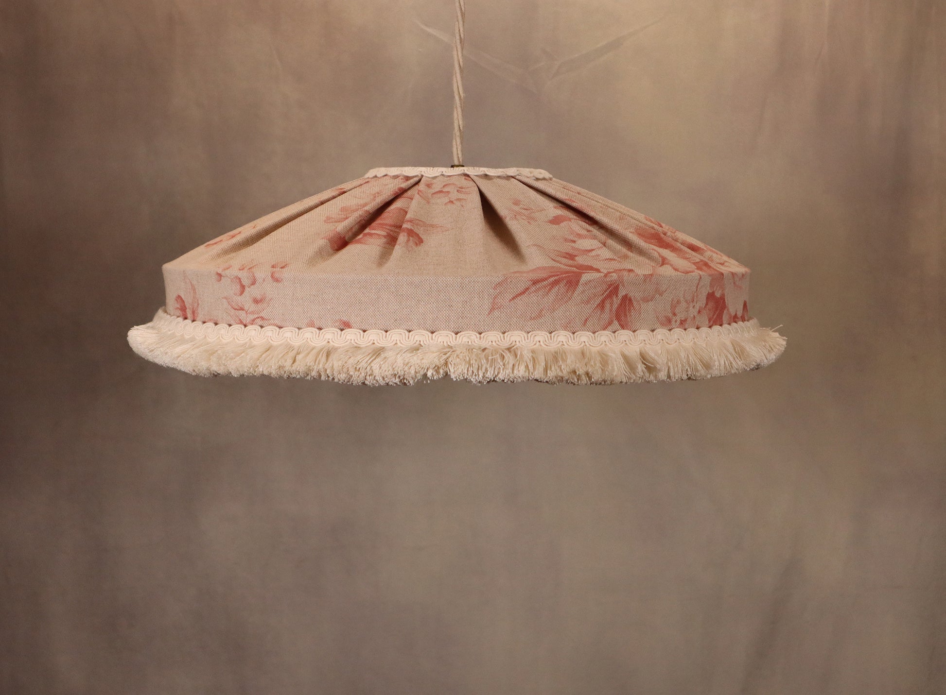 Faded red roses lampshade rustic style with short cotton brush fringe - MariaMarabellashades