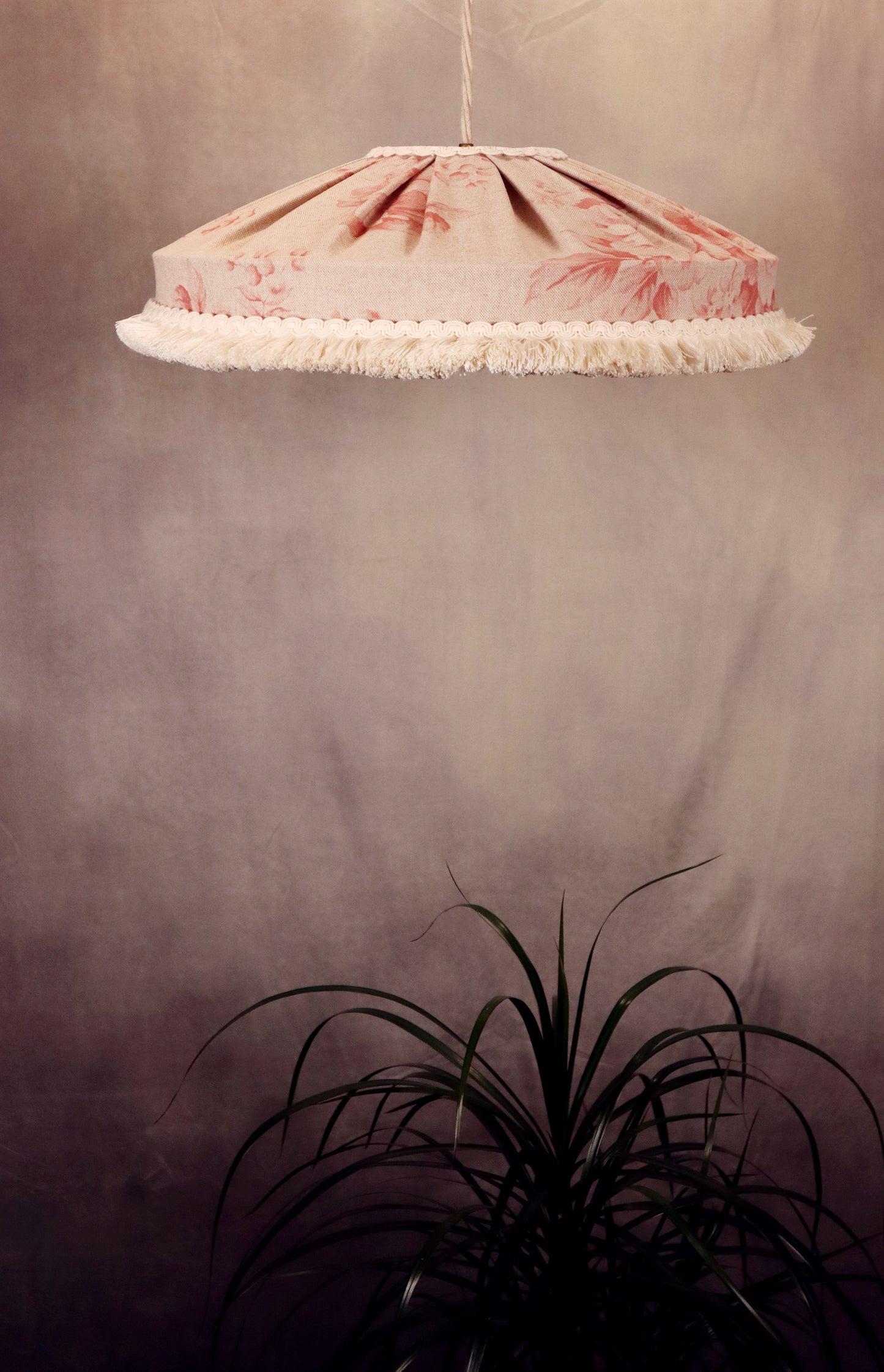 Faded red roses lampshade rustic style with short cotton brush fringe - MariaMarabellashades