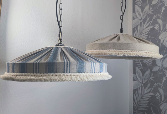 Lampshade rustic style blue stripes with short cotton brush fringe - MariaMarabellashades