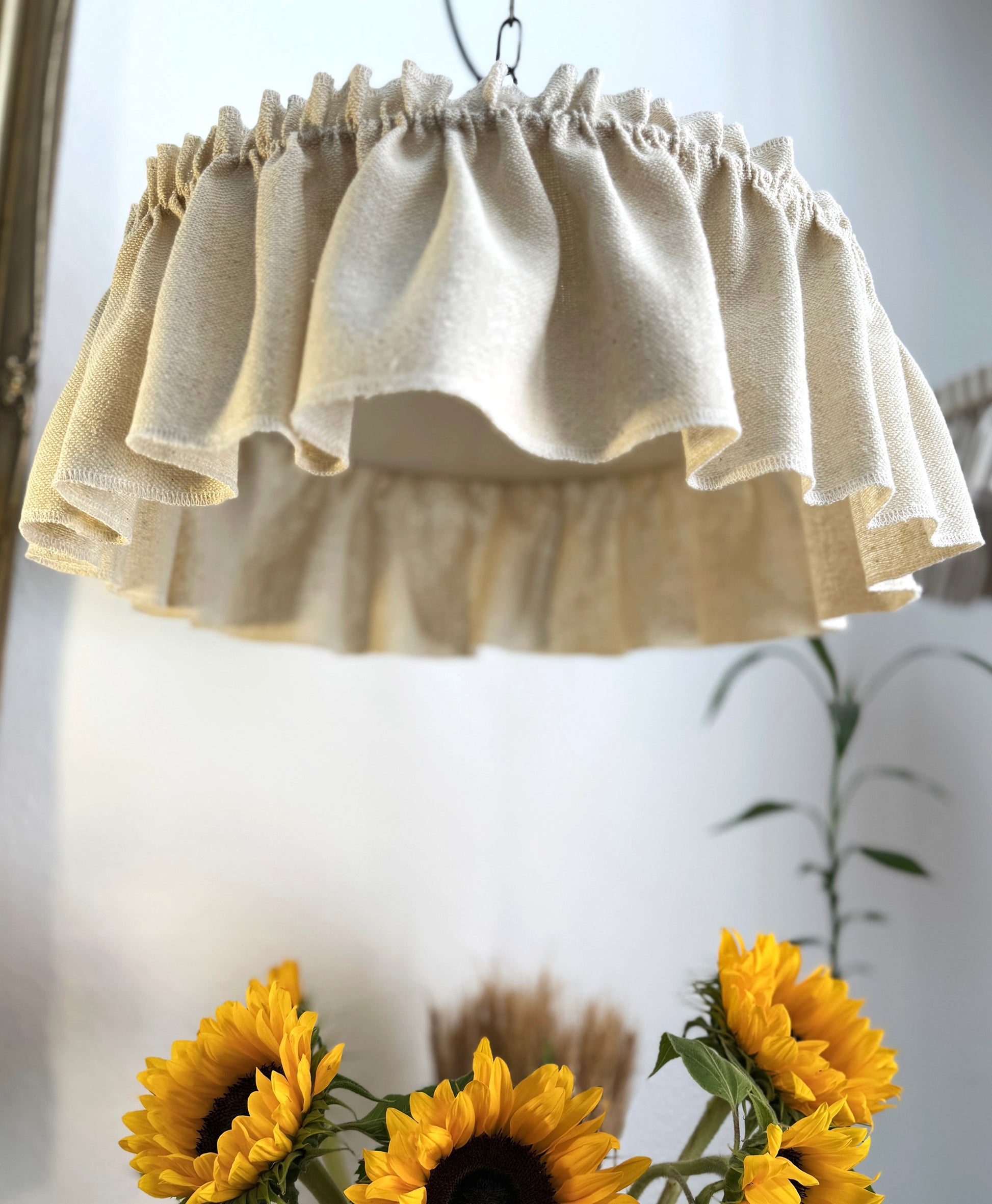 Oatmeal raw silk lampshade with ruffles , handmade and lined