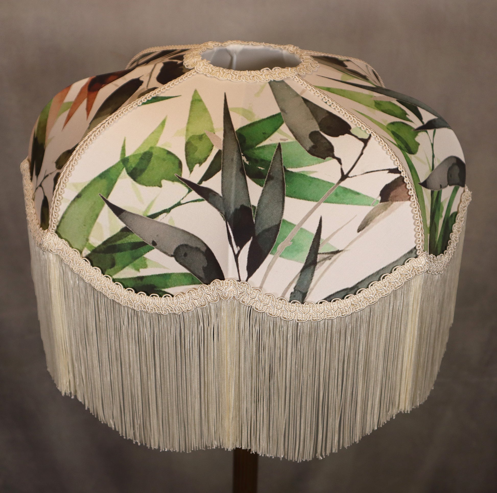 Printed watercolour eucalyptus Lampshade with creamy fringe and trim - MariaMarabellashades