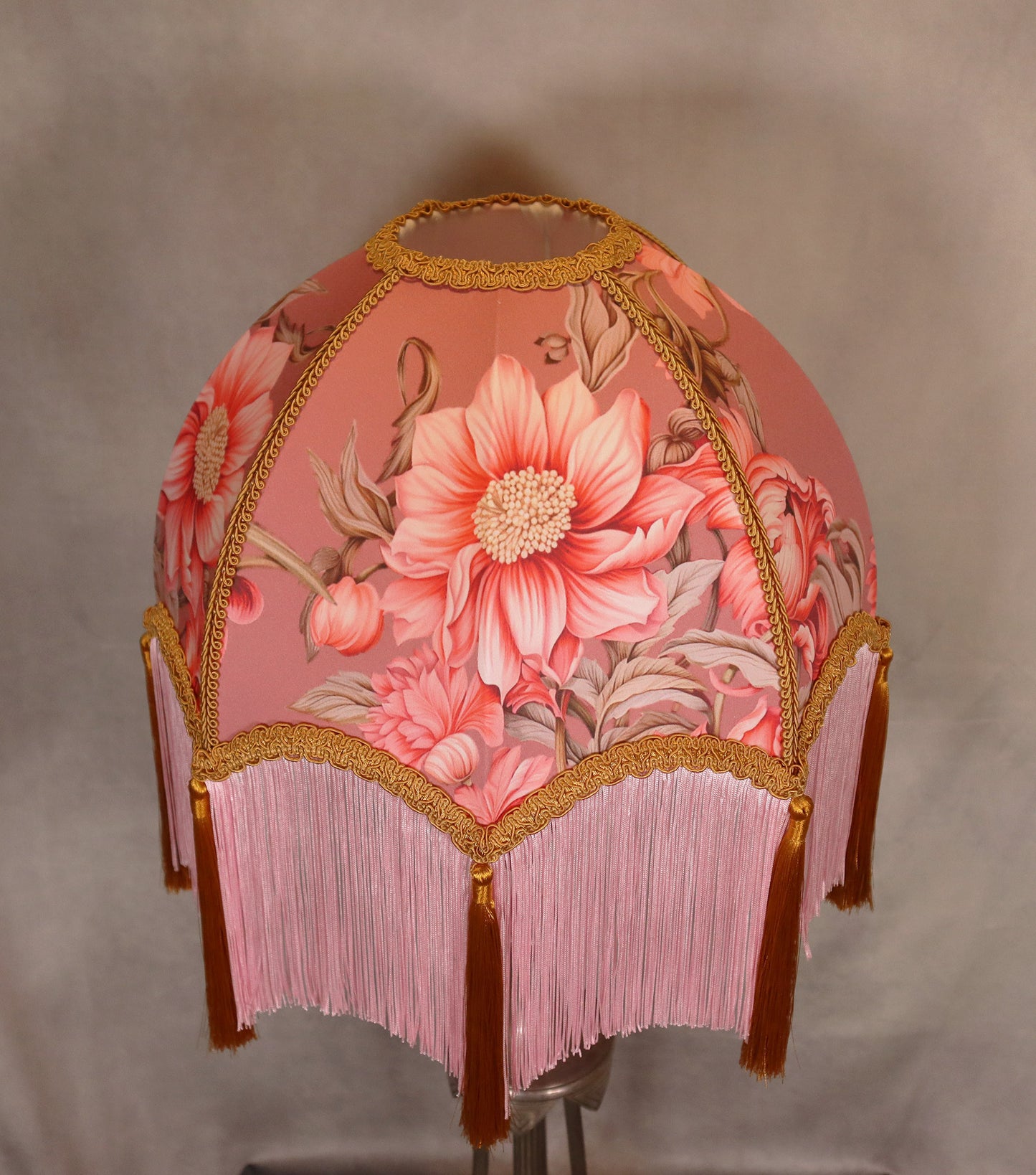 Printed Flower Lampshade in Blush with silky gold tassels and trim, pink fringe - MariaMarabellashades