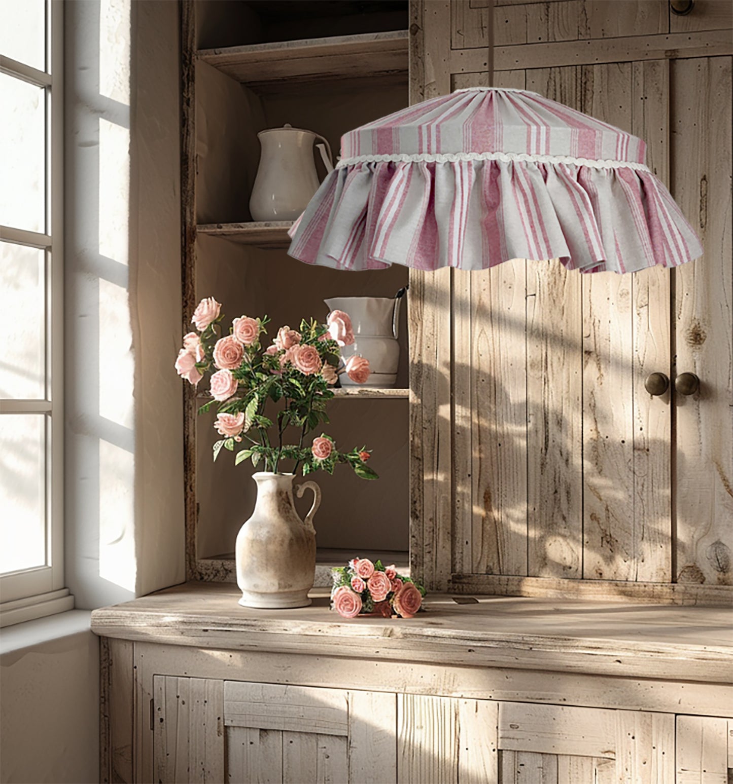 Handmade ruffle lampshade striped in blue or red rustic style - MariaMarabellashades