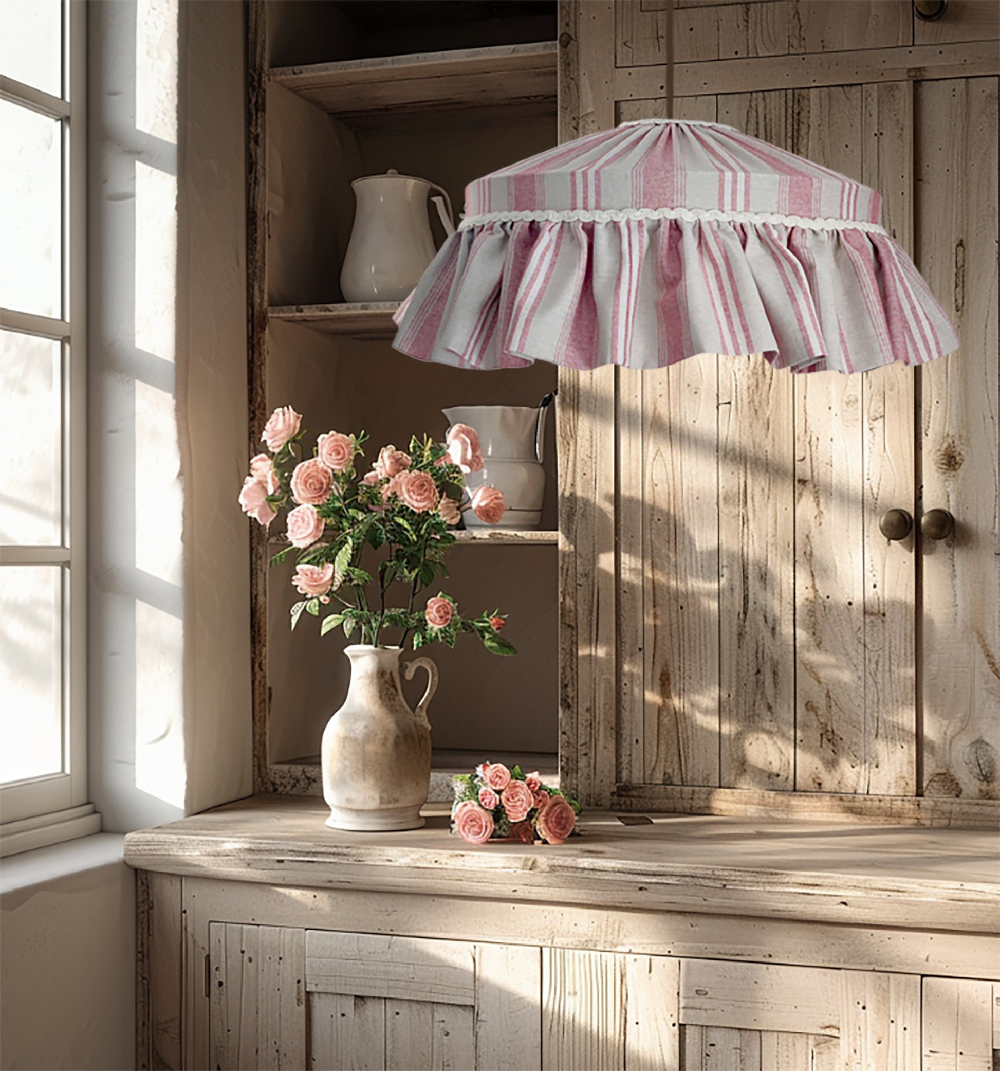 Handmade ruffle lampshade striped in blue or red rustic style - MariaMarabellashades