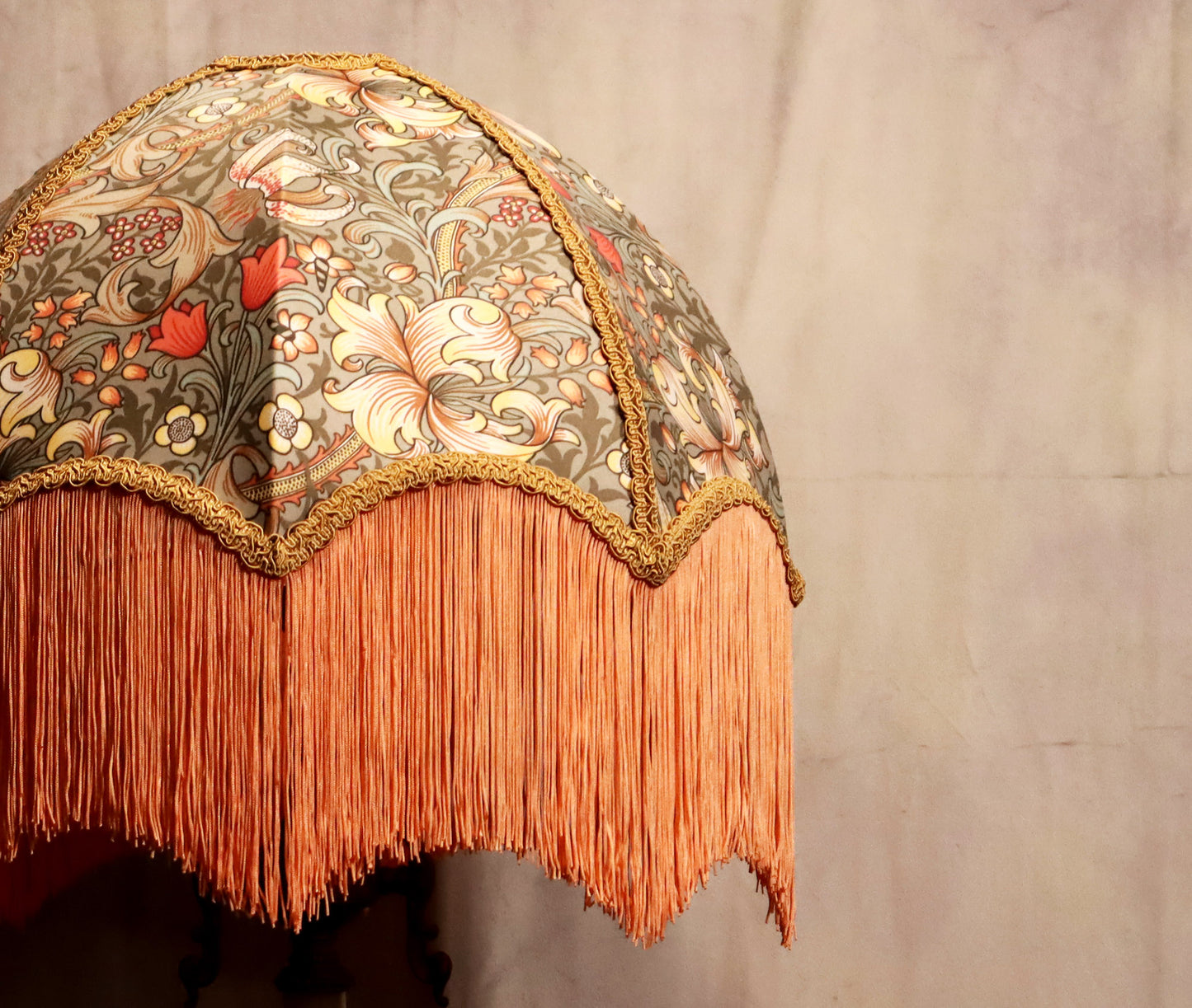 William Morris, Golden Lily Minor Lampshade with peach fringe - MariaMarabellashades