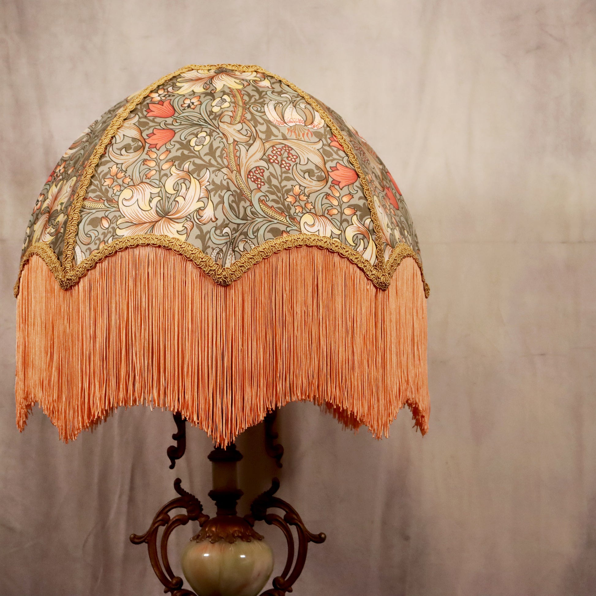 William Morris, Golden Lily Minor Lampshade with peach fringe - MariaMarabellashades