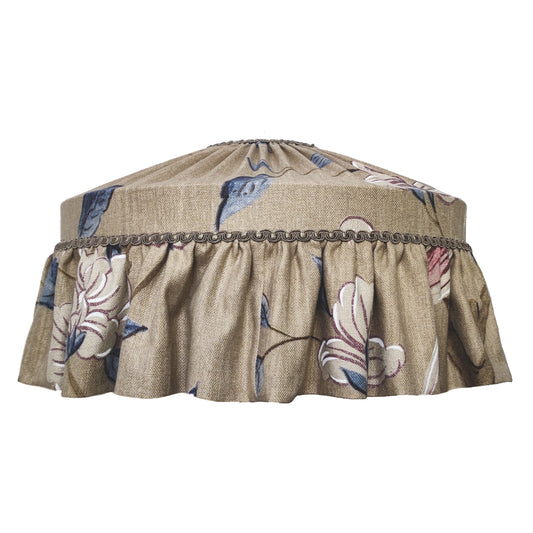 Floral-patterned raw silk lampshade
 with decorative trim on a white background