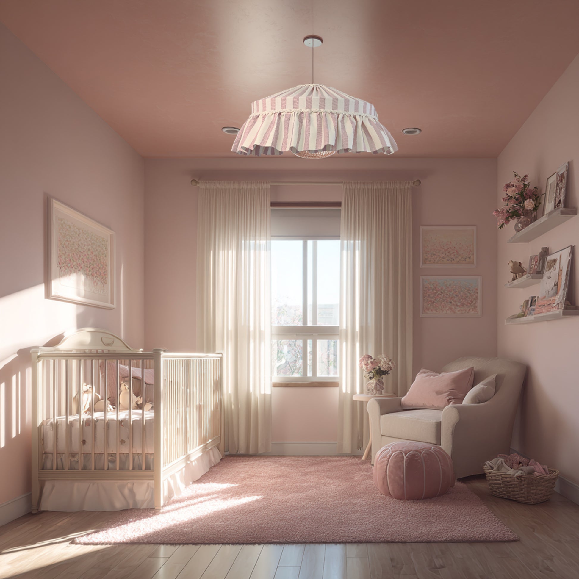 Pink nursery room with a pink ruffled lampshade from the ceiling , chair, and decorative elements.