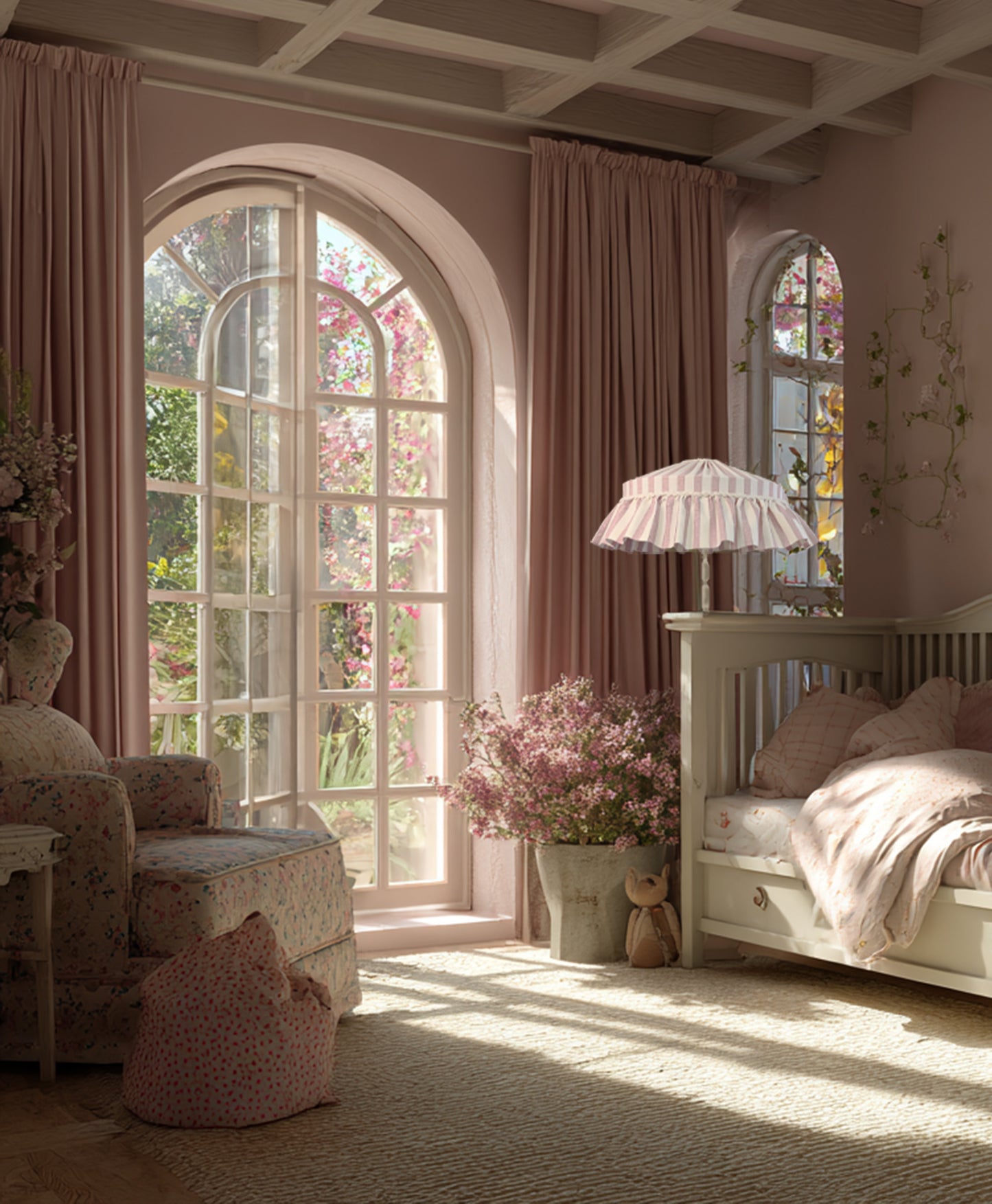 Pink-themed children's room with floor lamp with striped ruffled lampshade in dusty pink, floral decorations and a crib.