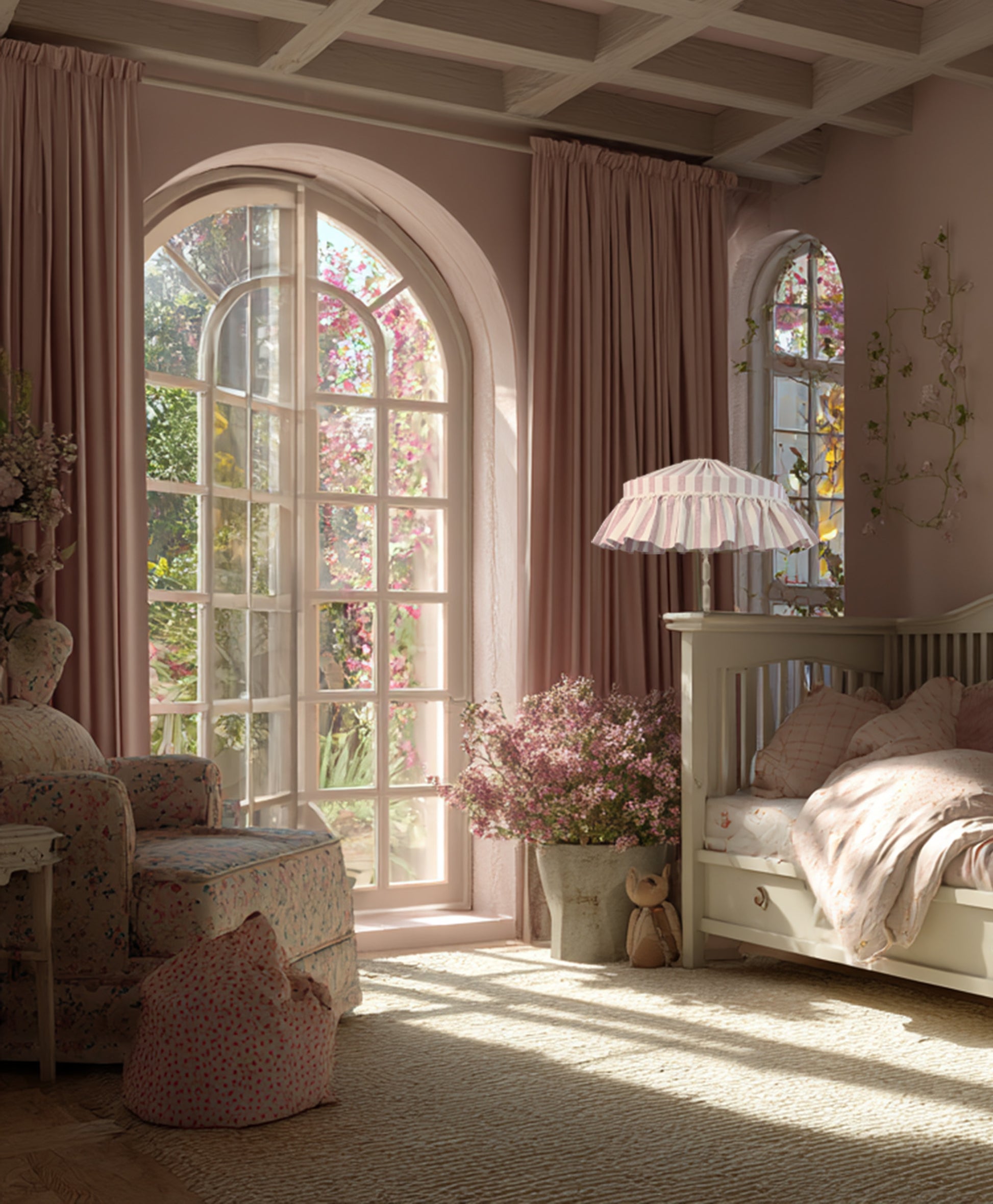 Pink-themed children's room with floor lamp with striped ruffled lampshade in dusty pink, floral decorations and a crib.