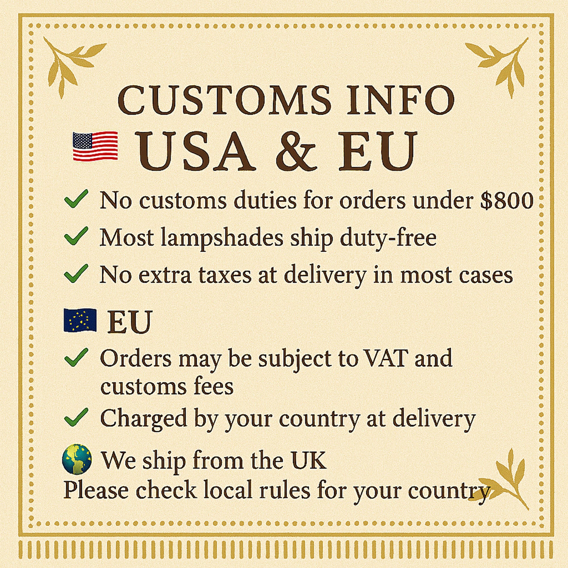 Customs and tax information for USA and EU buyers, shows no duties under $800 for USA and VAT may apply in EU, UK-based shipping