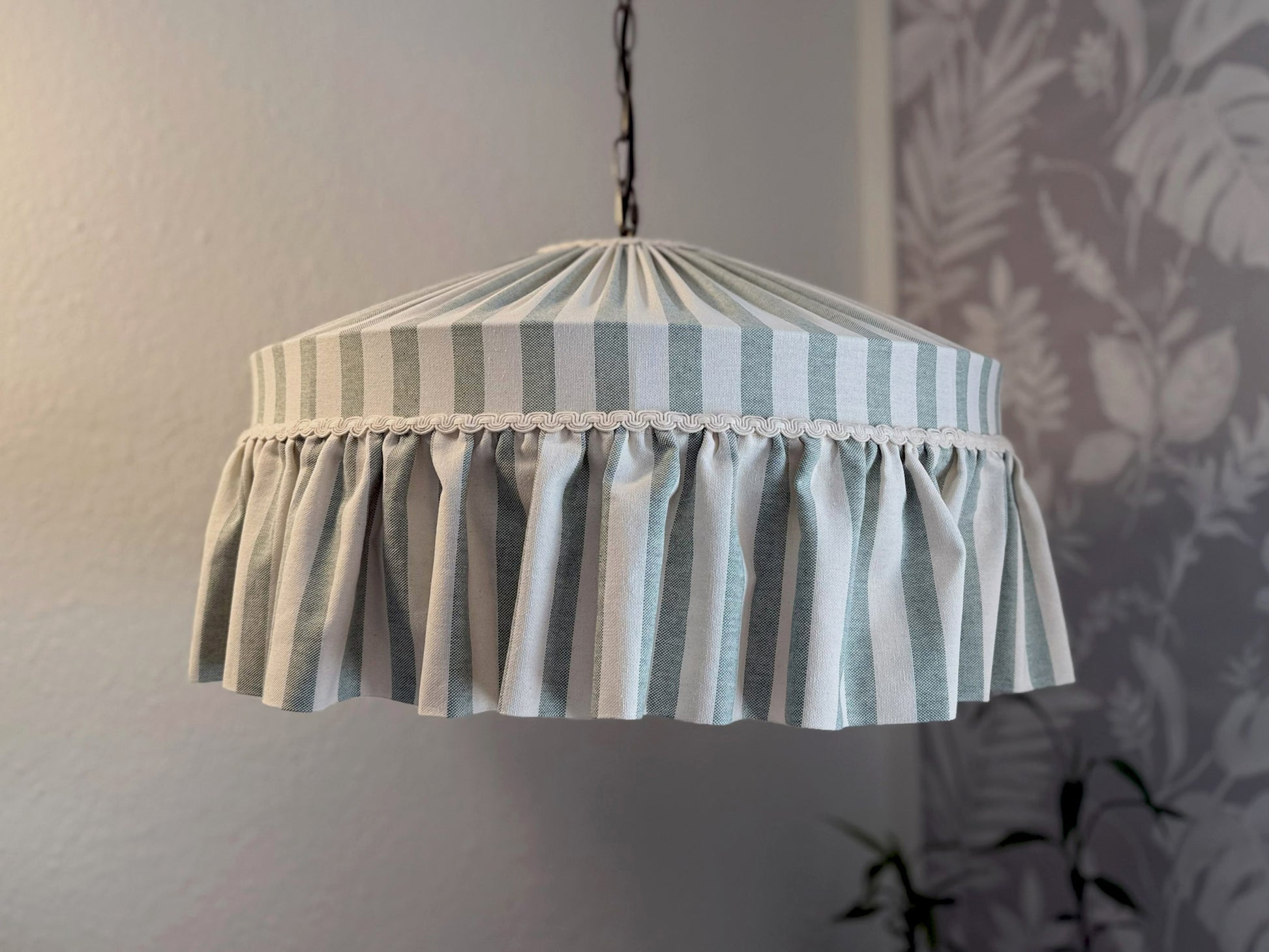Ruffled lampshade mint green stripes made in the UK | MariaMarabellashades