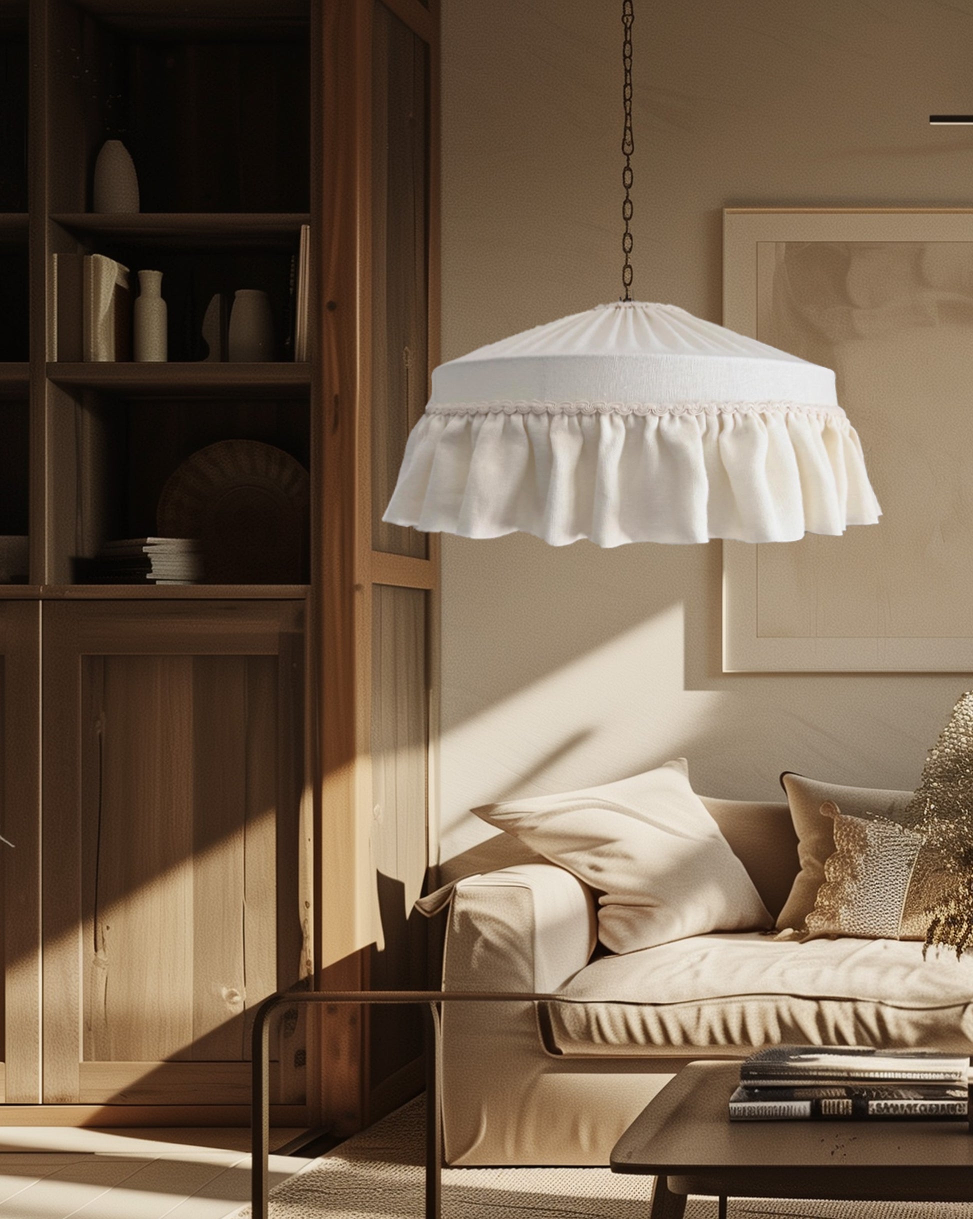 Living room with a white ruffled lampshade, beige sofa, and wooden bookshelf.