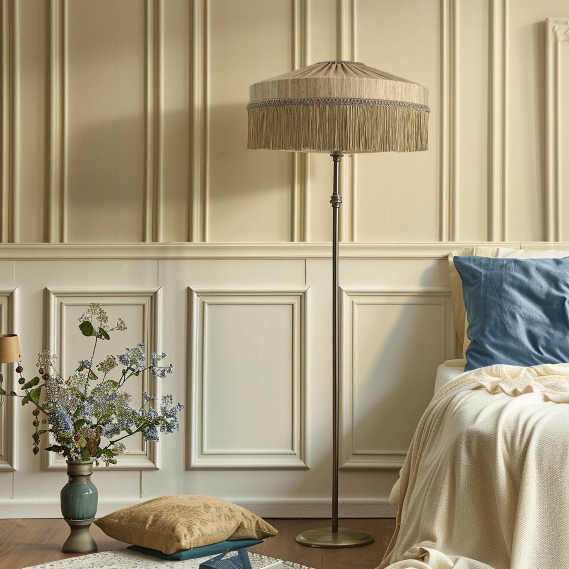 Decorative floor lamp in a bedroom with floral arrangement and pillows.