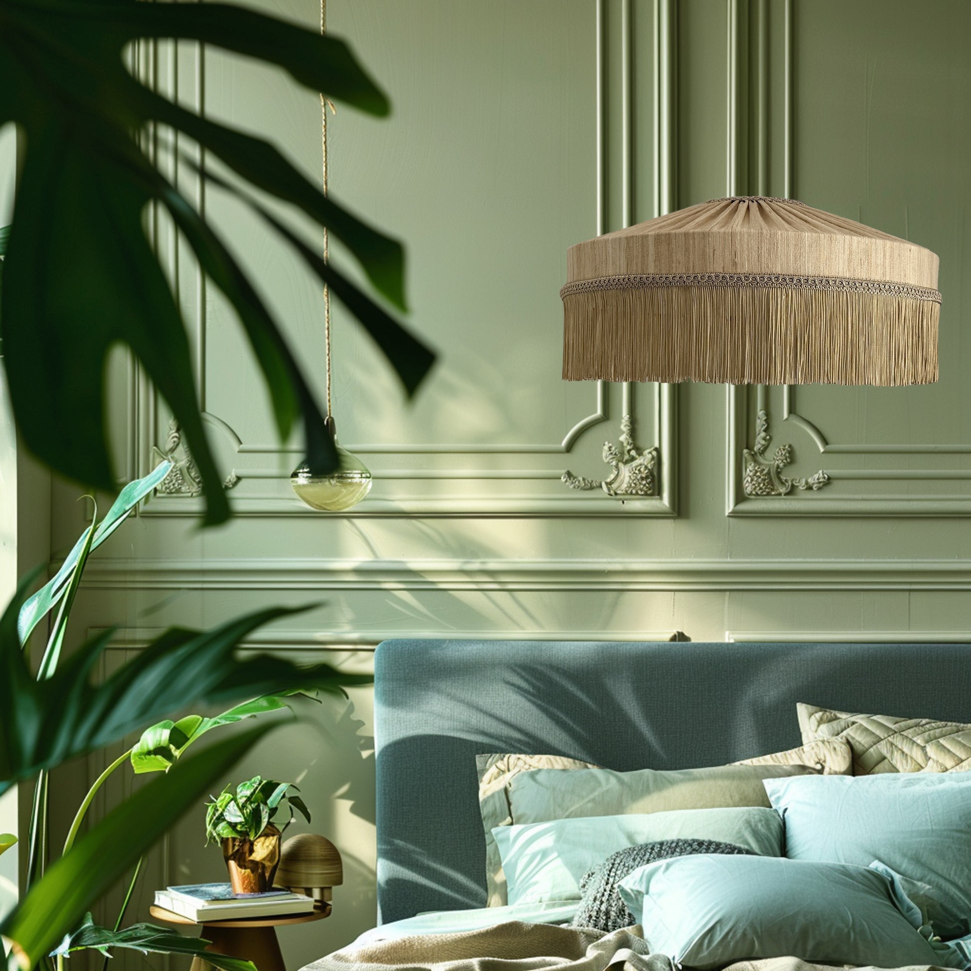 Bedroom with a beige lampshade, green walls, and decorative elements.