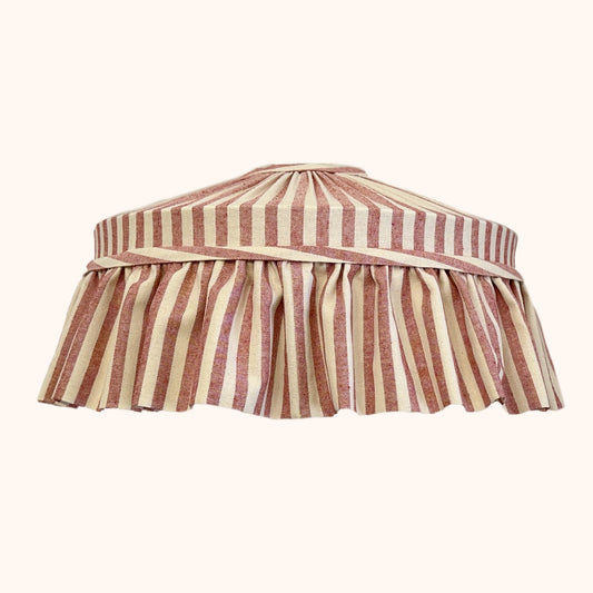 Red striped ruffled lampshade with complimentary trim 