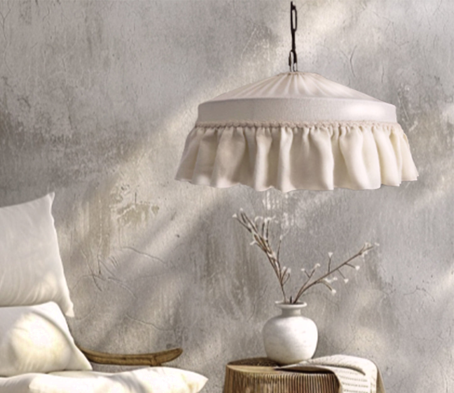 Handmade Ruffle Lampshade - Off-White Linen Shade for table or ceiling light