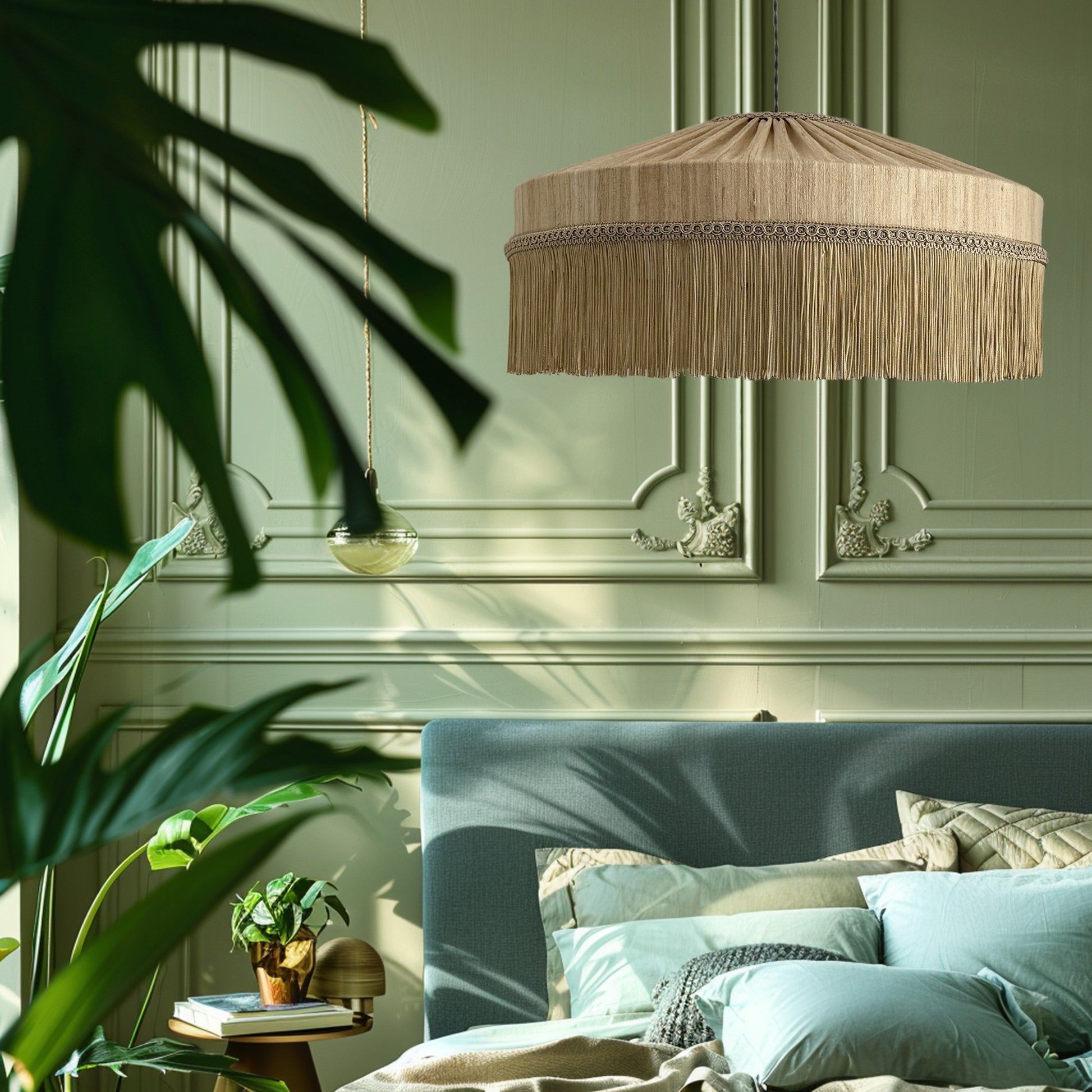 Living room with a beige fringed lampshade, green walls, and a sofa.